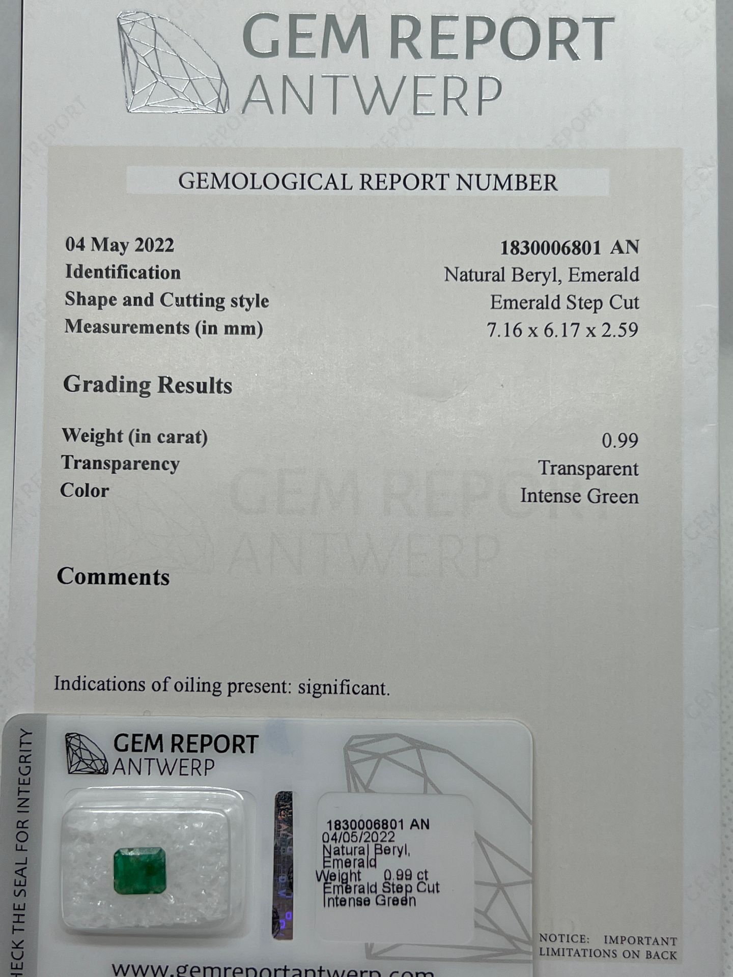 EMERAUDE EMERAUDE of 0.99 carats, certificate of guarantee, the certificate is p&hellip;