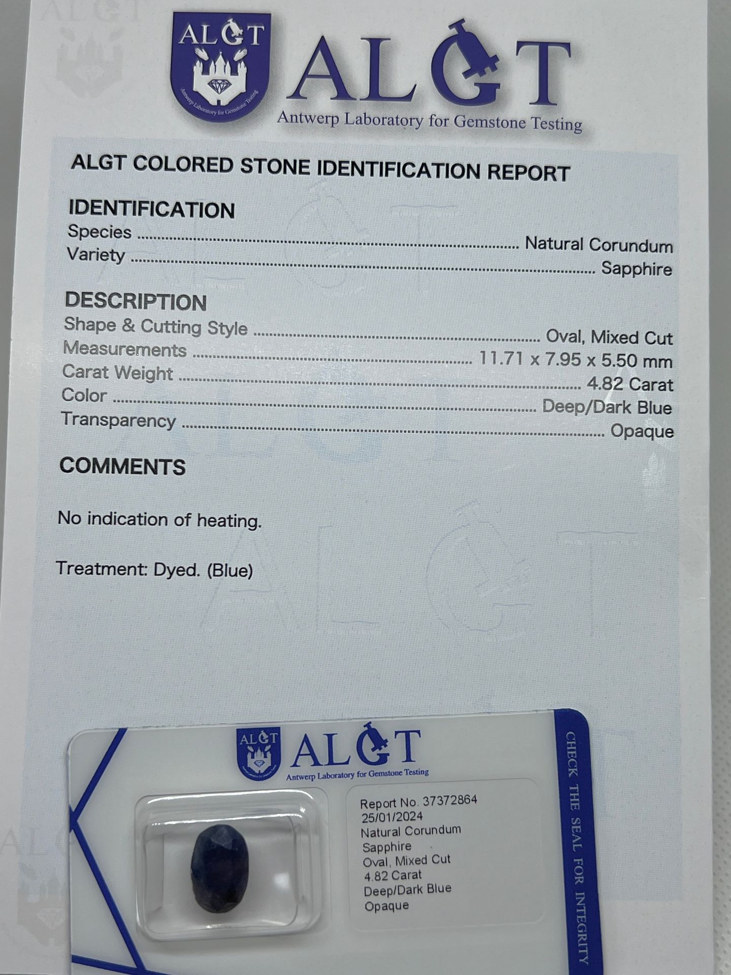 SAPHIRE BLUE SAPHIRE, 4.82 carat, warranty certificate, the certificate is part &hellip;