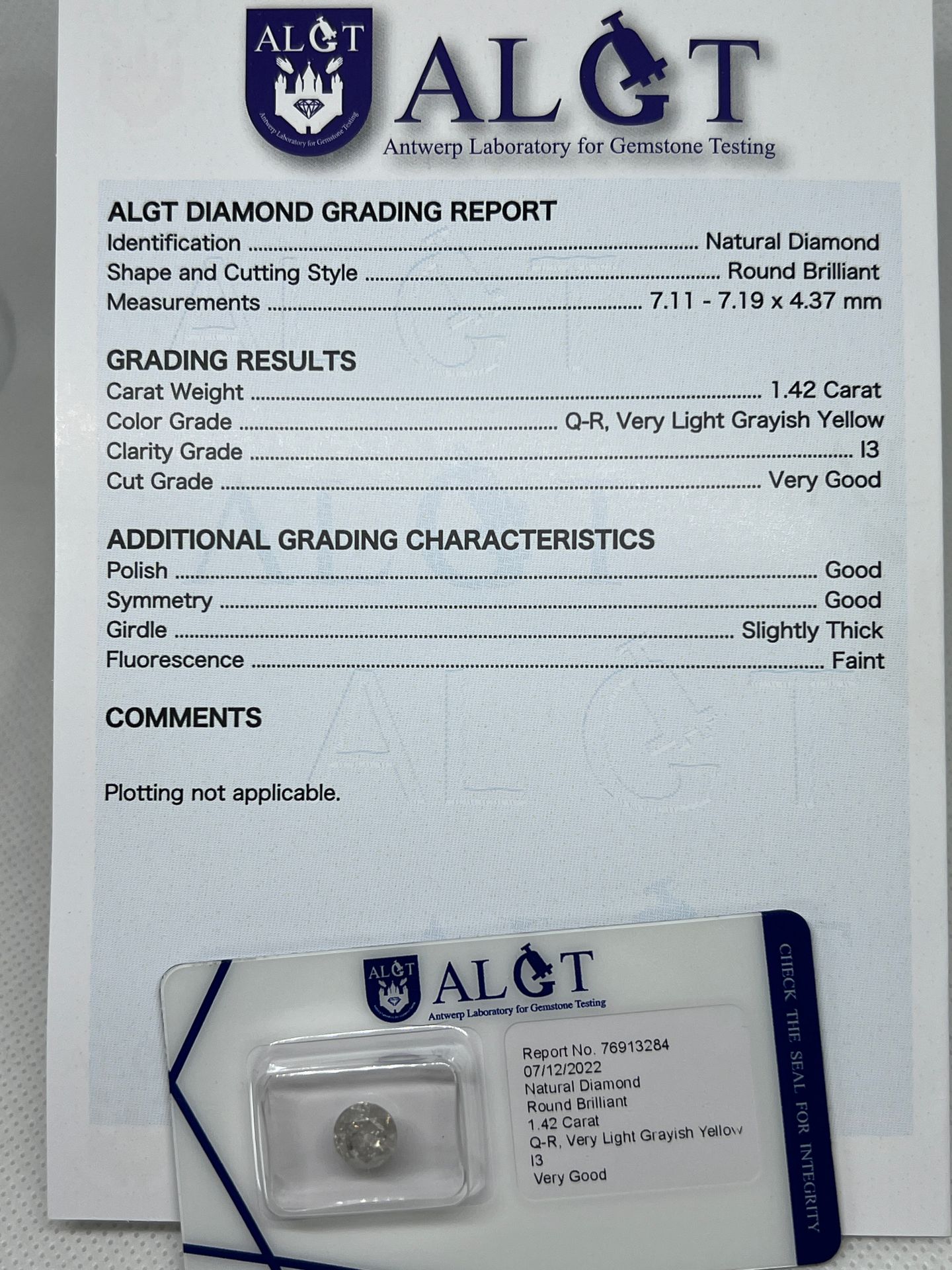 DIAMANT DIAMOND 1.42 carat, certificate of guarantee, the certificate is part of&hellip;