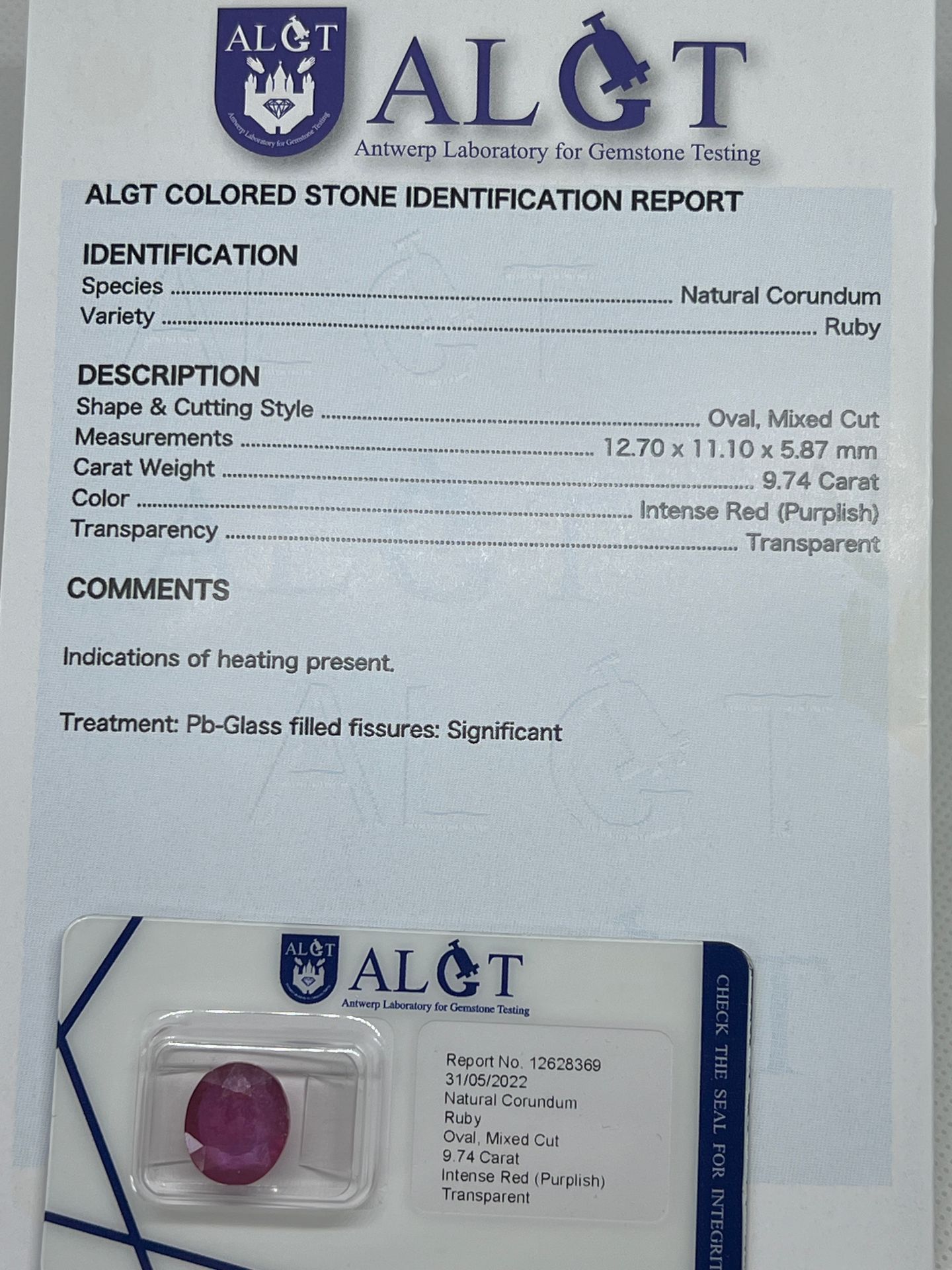 RUBIS RUBY of 9.74 carats, certificate of guarantee, the certificate is part of &hellip;