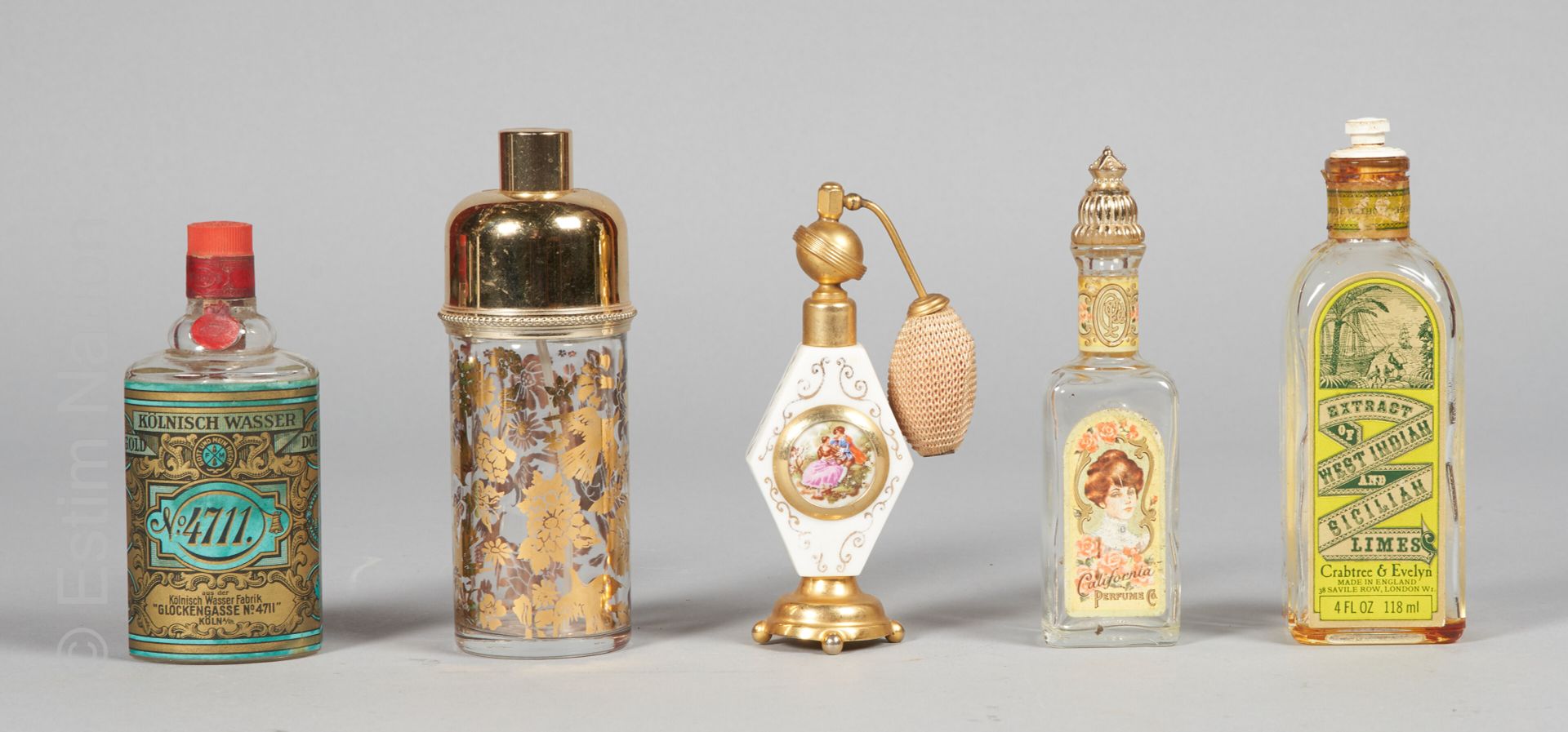 PARFUMS Ensemble de cinq flacons de parfum anciens dont Kolnisch Wasser, Crabtre&hellip;