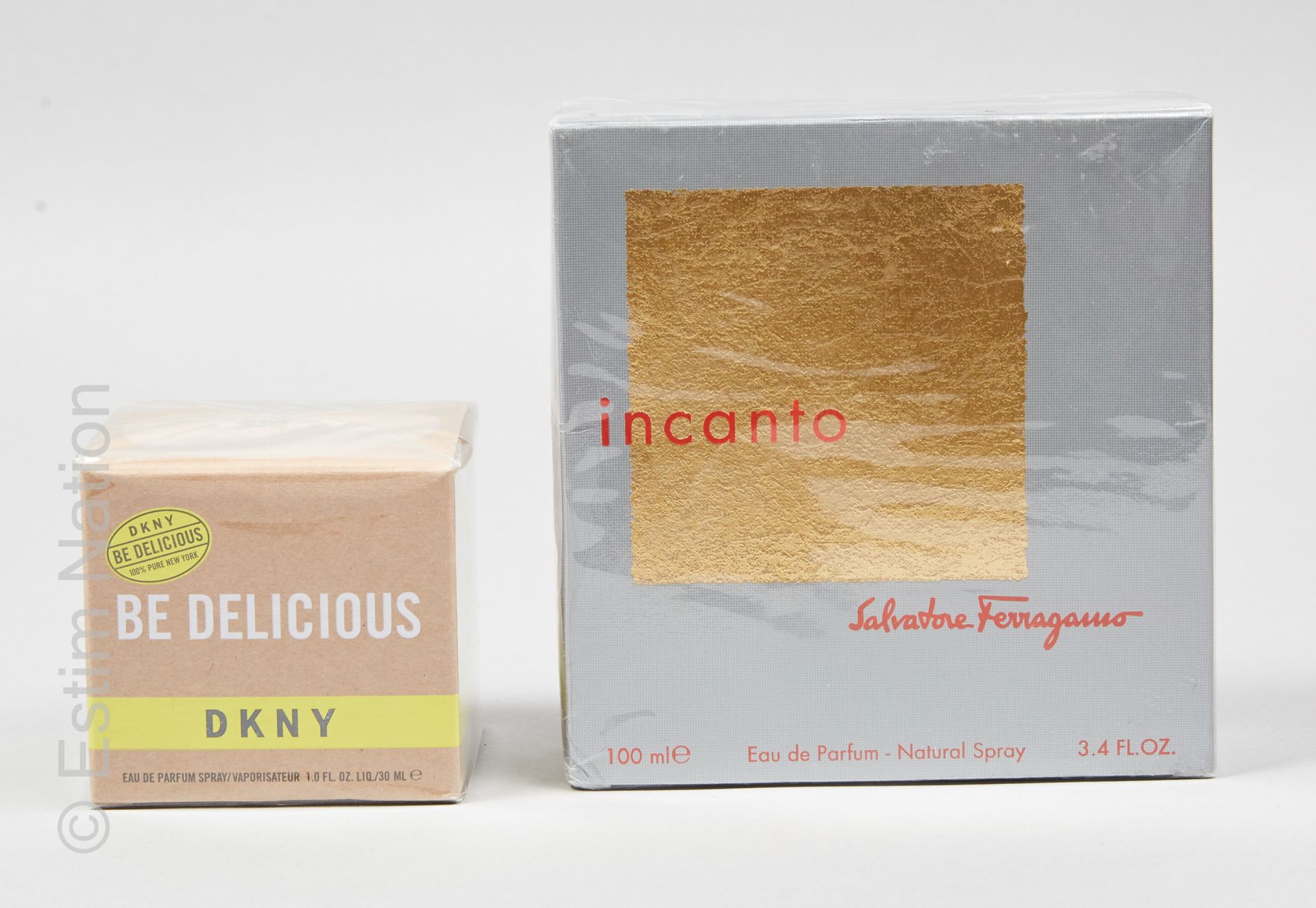 SALVATORE FERRAGAMO, DKNY 两款香水 "Incanto "100毫升，"Be delicious "30毫升（全新状态，装在泡壳里）。
