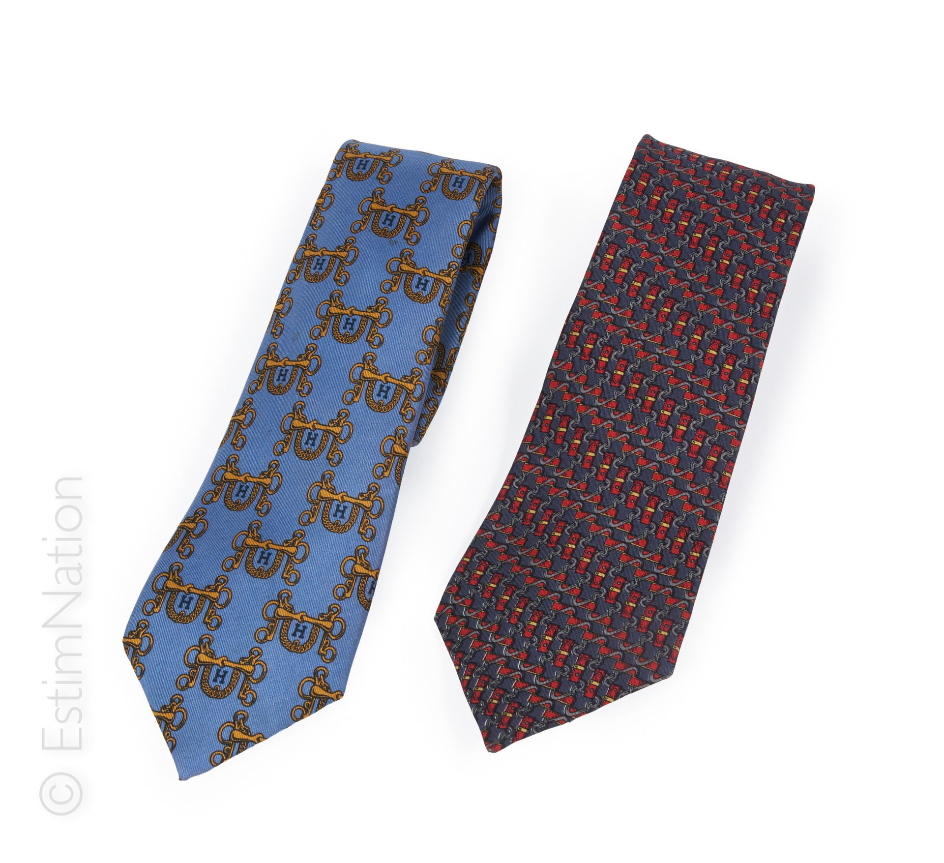 HERMES Paris TWO CRAVATES in printed silk twill (No condition guarantee)