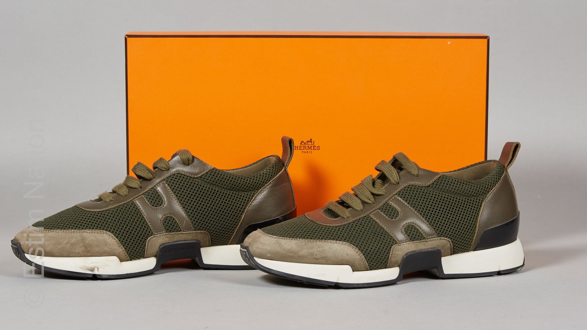 HERMES Pair of low khaki leather, suede and bottle green mesh SNEAKERS (P 39,5) &hellip;