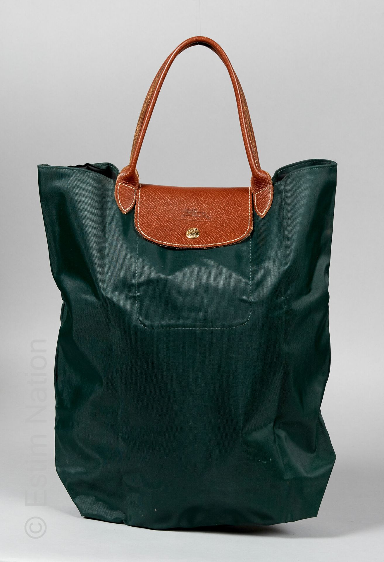 LONGCHAMP BAG "PLIAGE" tote in bottle green polyester and cognac leather (38 x 3&hellip;