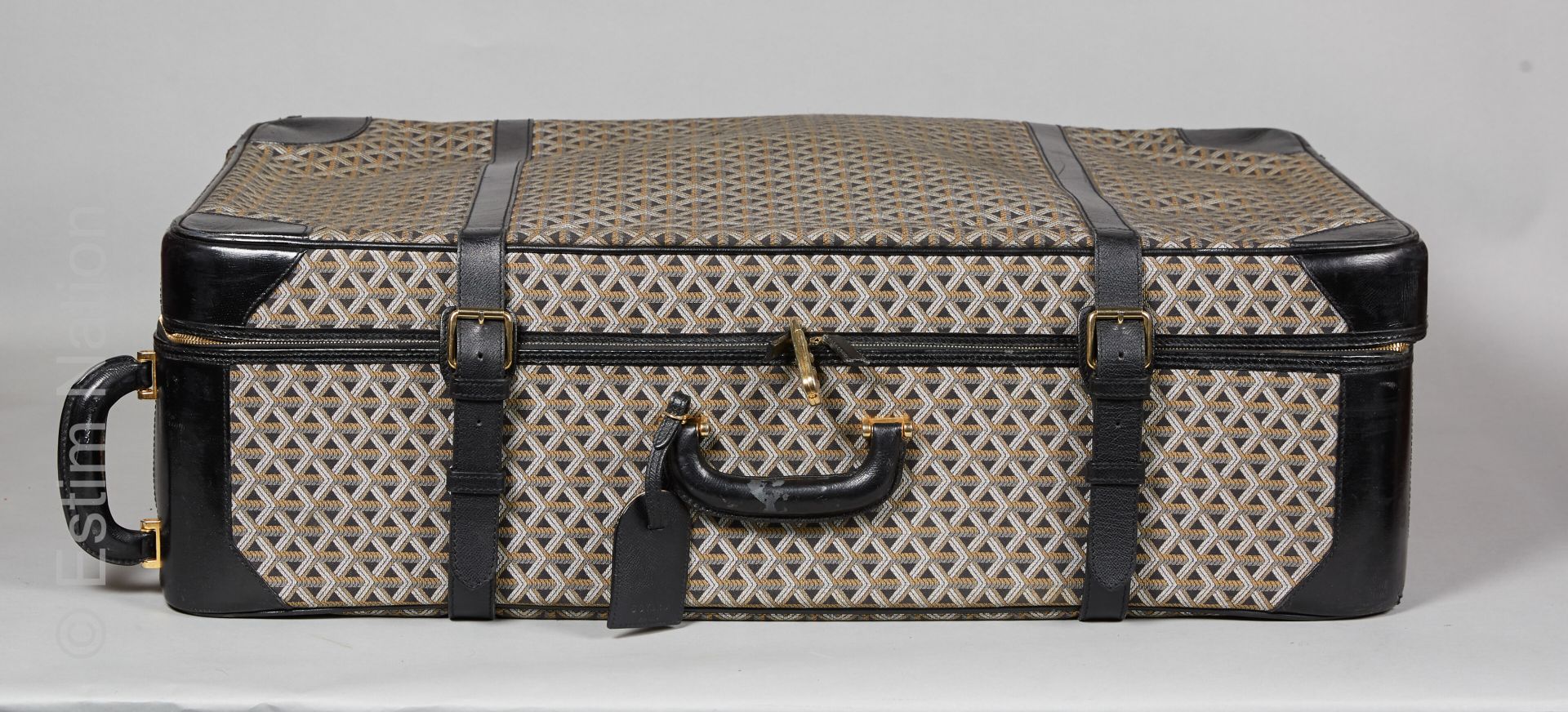 GOYARD Rolling suitcase in goyardine and black leather, address holder, canvas i&hellip;