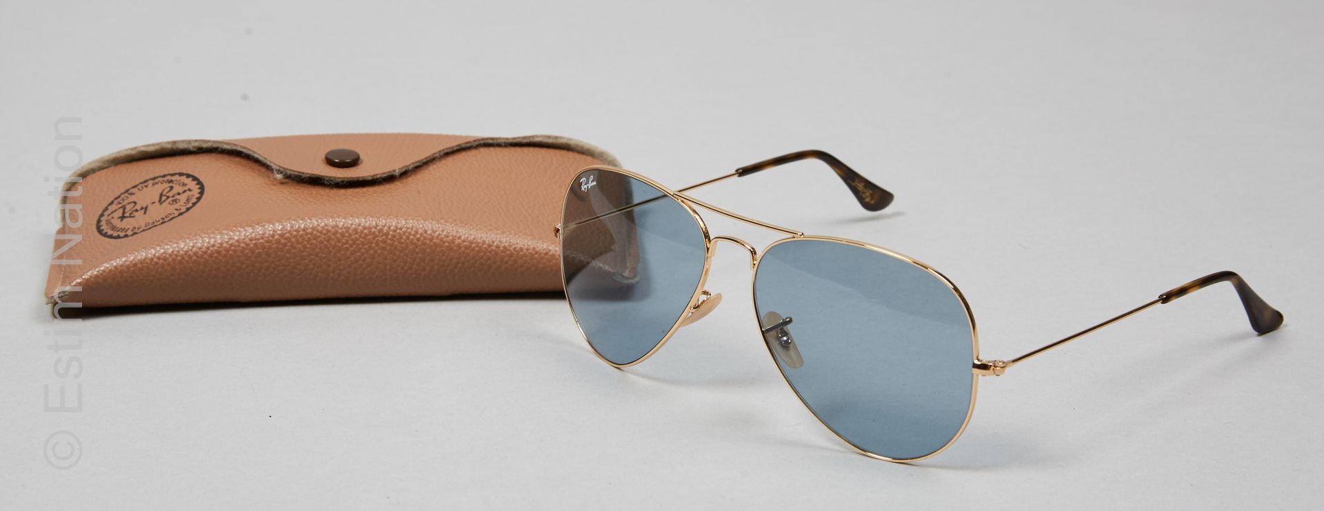 RAY BAN VINTAGE Pair of gilt metal aviator sunglasses, blue-grey lenses, tortois&hellip;