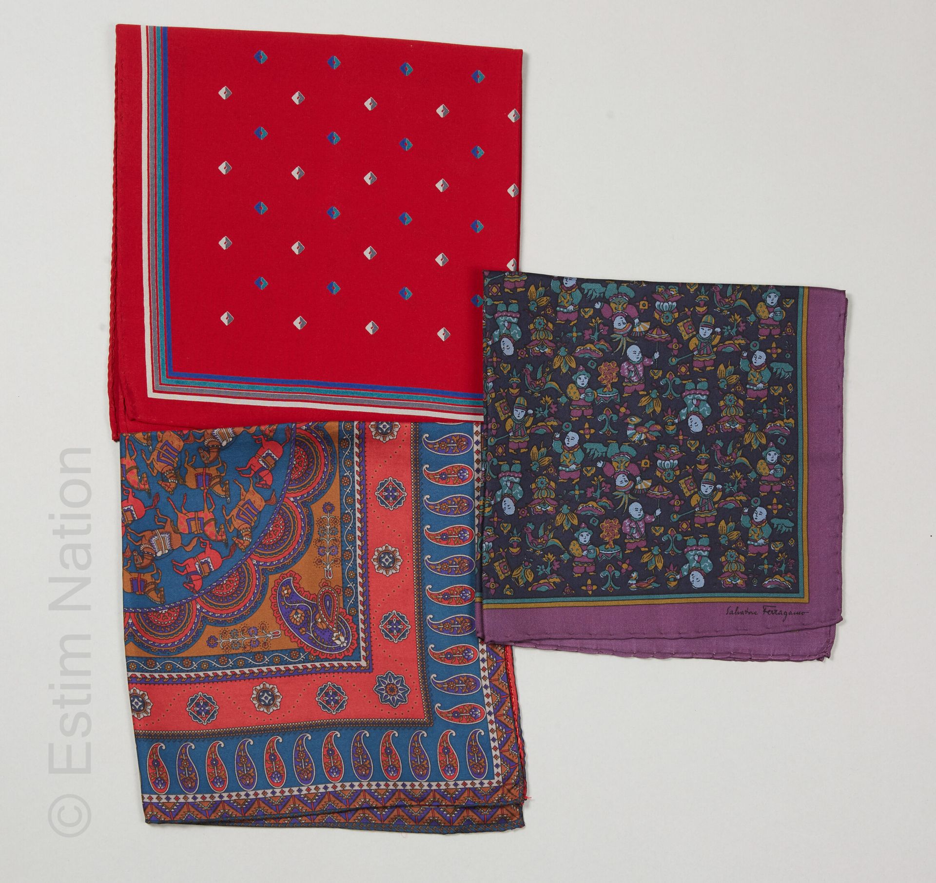 Yves SAINT LAURENT, Salvatore FERRAGAMO THREE GAVROCHES in various printed silk &hellip;