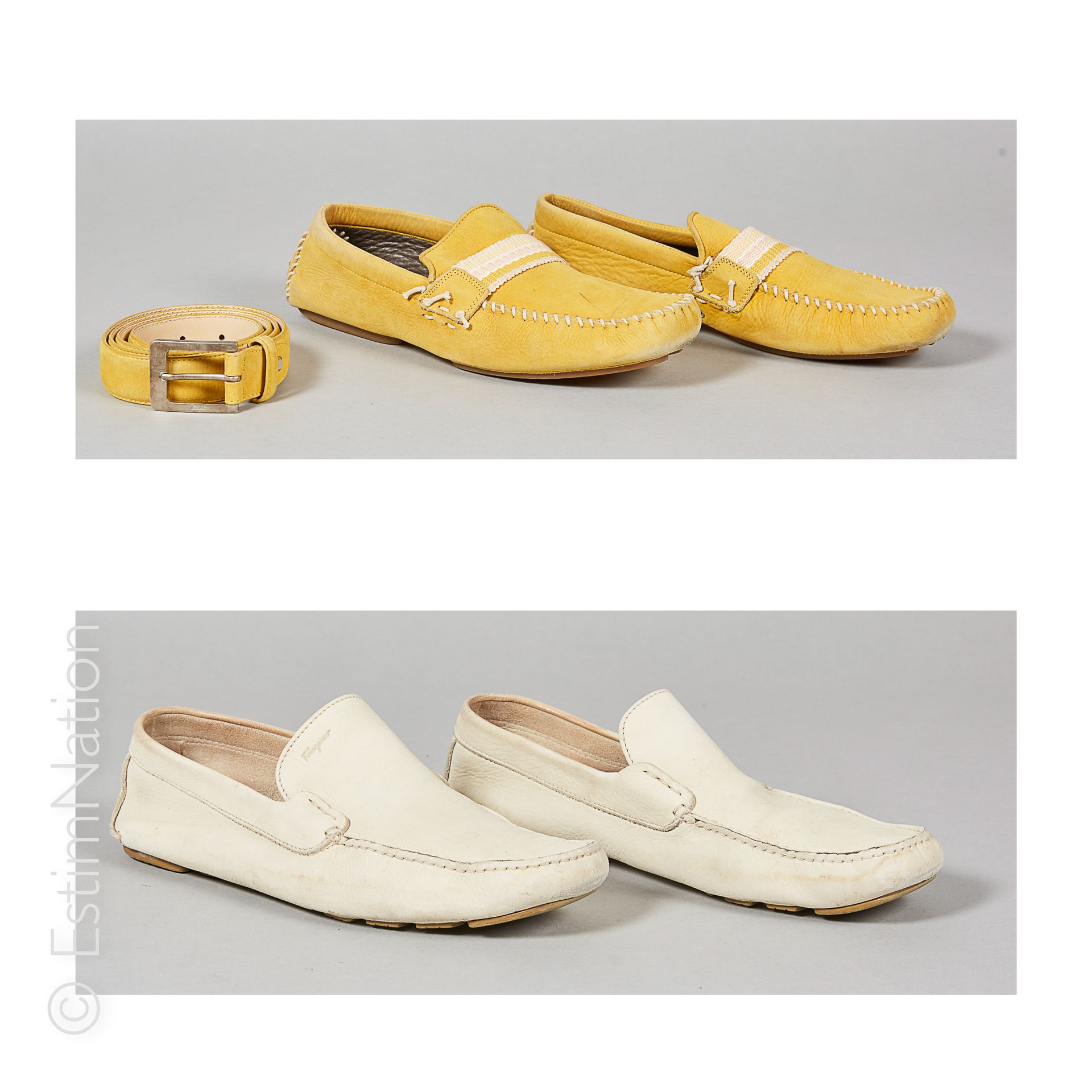 BRUNO MAGLI, SALVATORE FERRAGAMO 两双皮革船形软皮鞋：第一双是黄色的带子（D 8.5或大约D 43），第二双是蛋壳色的（D 9或&hellip;
