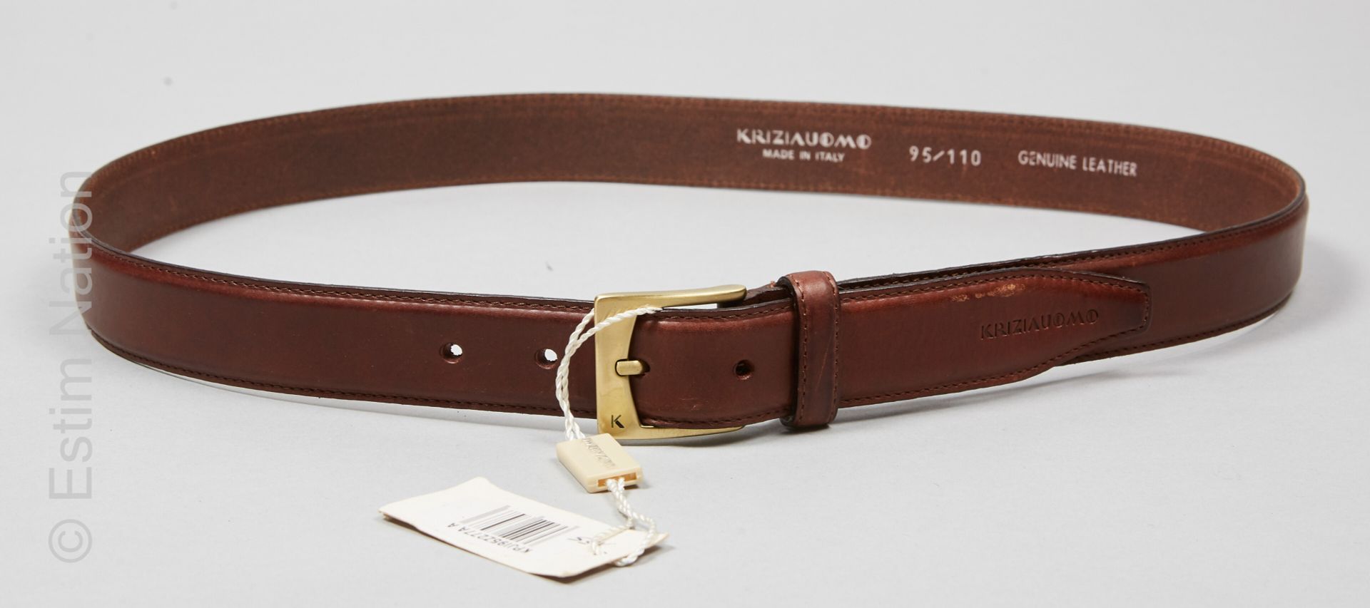 KRIZIA UOMO 棕色牛皮腰带，专利铜质带扣（S 95/110）（带标签的全新状态）。