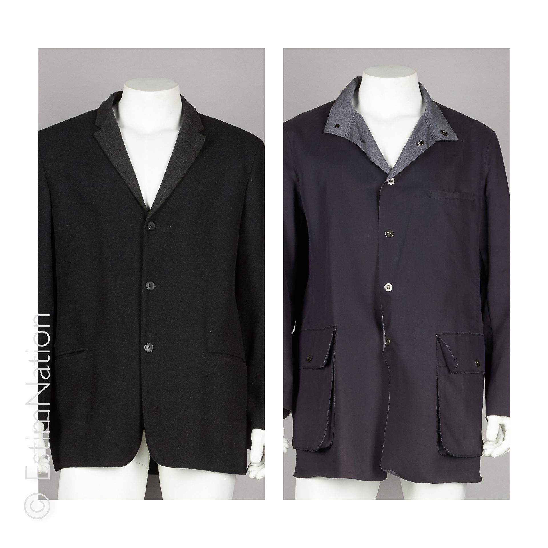 CALVIN KLEIN, EMPORIO ARMANI 双面无烟煤羊毛毡混纺外套，灰色衣领，两个口袋（S 54）（磨损），附带一件午夜蓝色聚氨酯涂层帆布外套（&hellip;