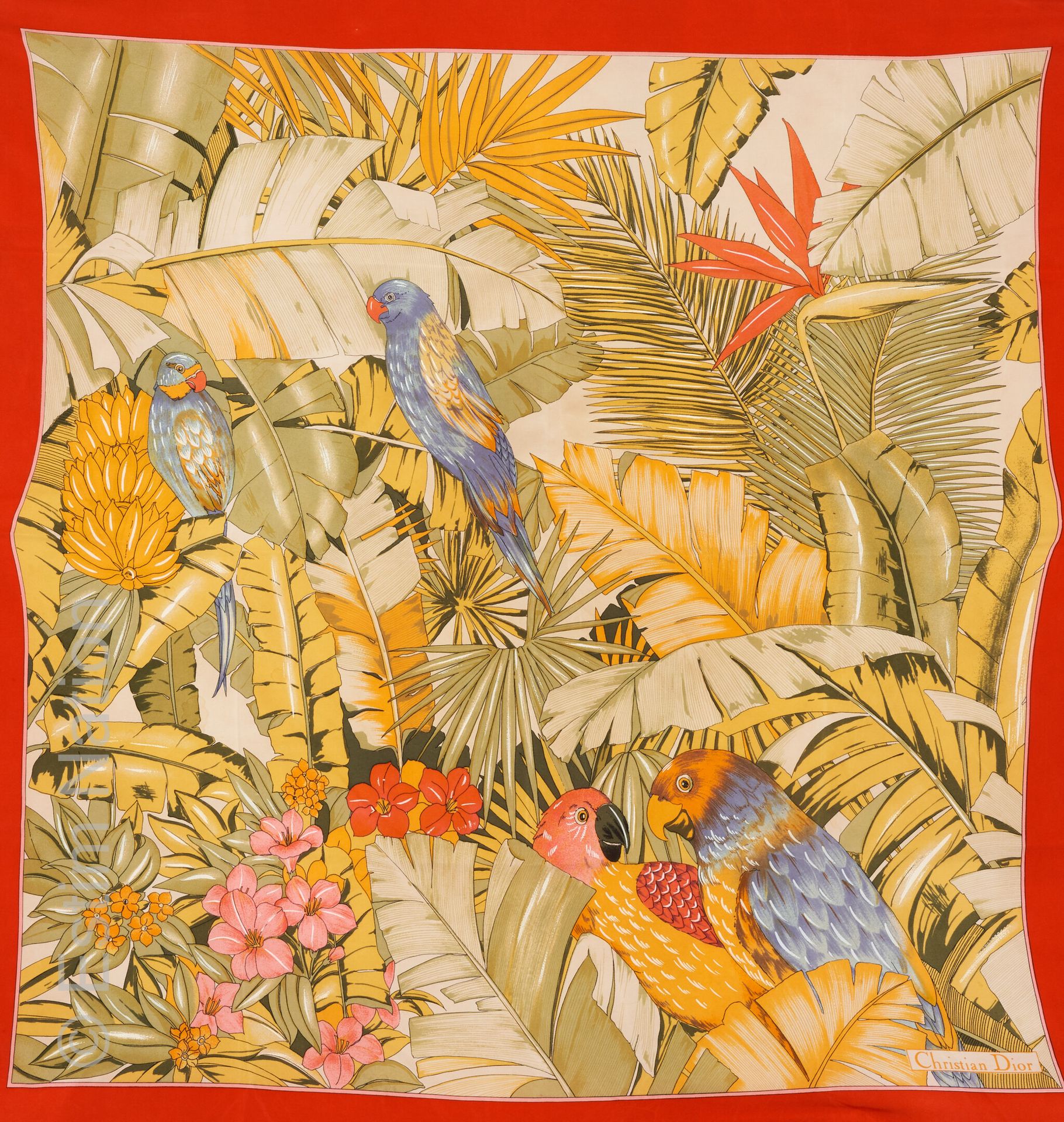 CHRISTIAN DIOR VINTAGE CARRE en soie imprimée de perroquets sur fond tropical (q&hellip;