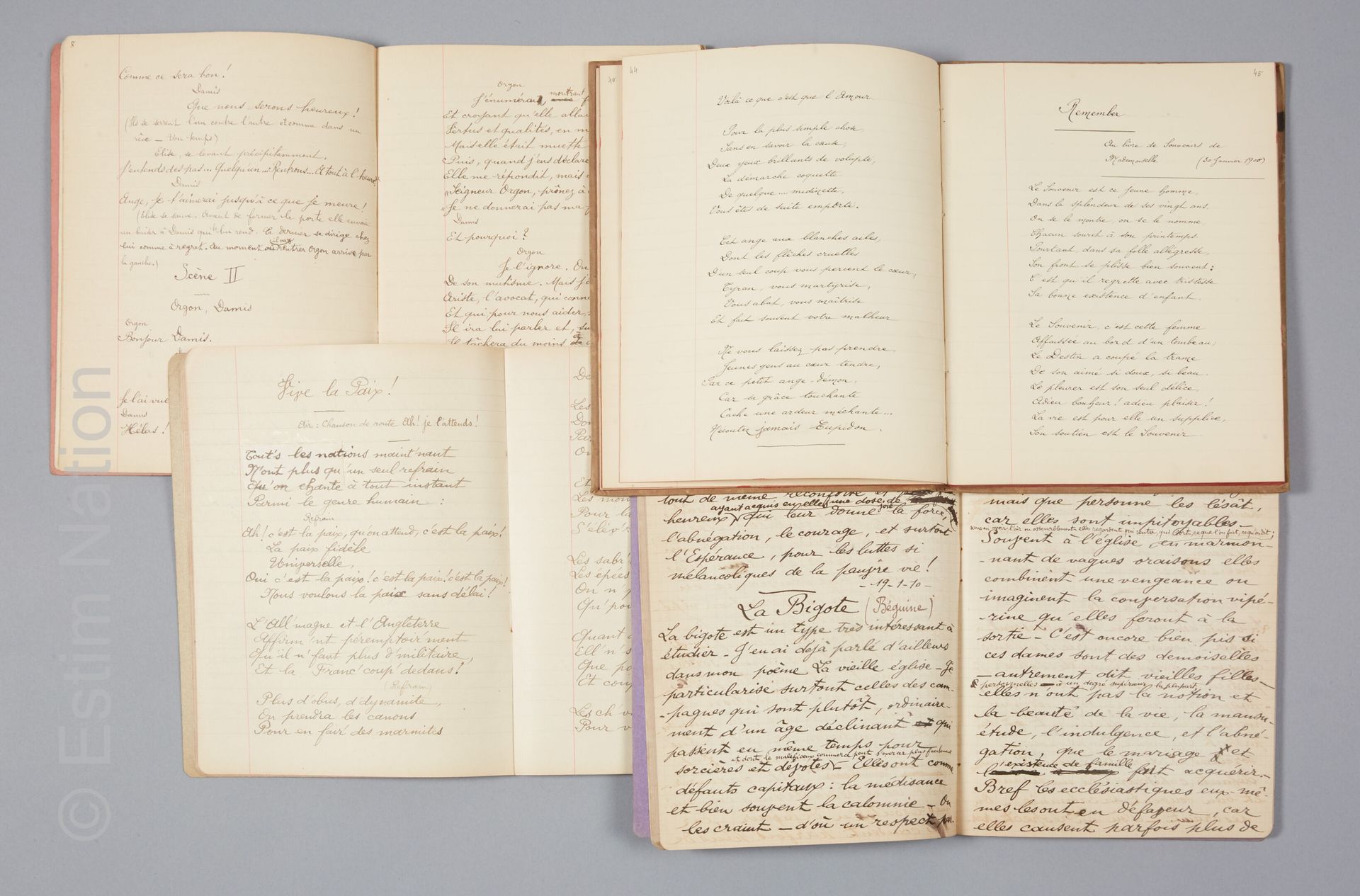 EMILE DRAIN - MANUSCRITS Emile Drain, Les Deux Pigeons, cahier manuscrit, daté J&hellip;