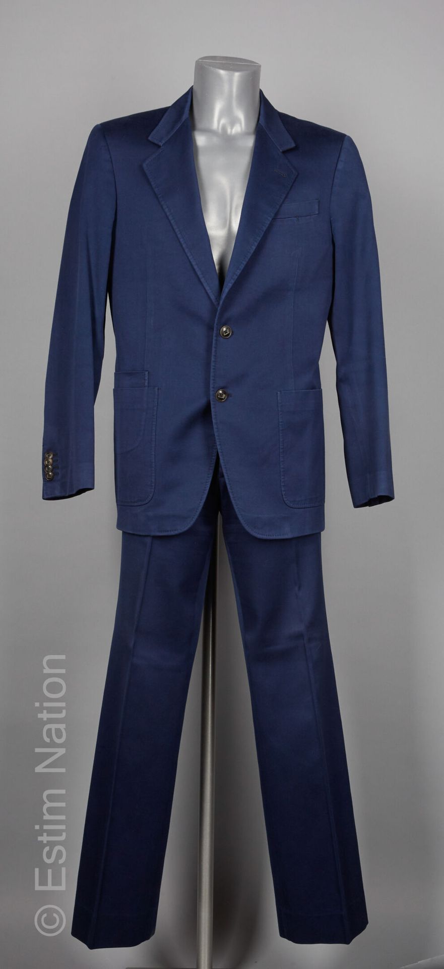Woven cotton blue work suit, four pockets, straight trou…