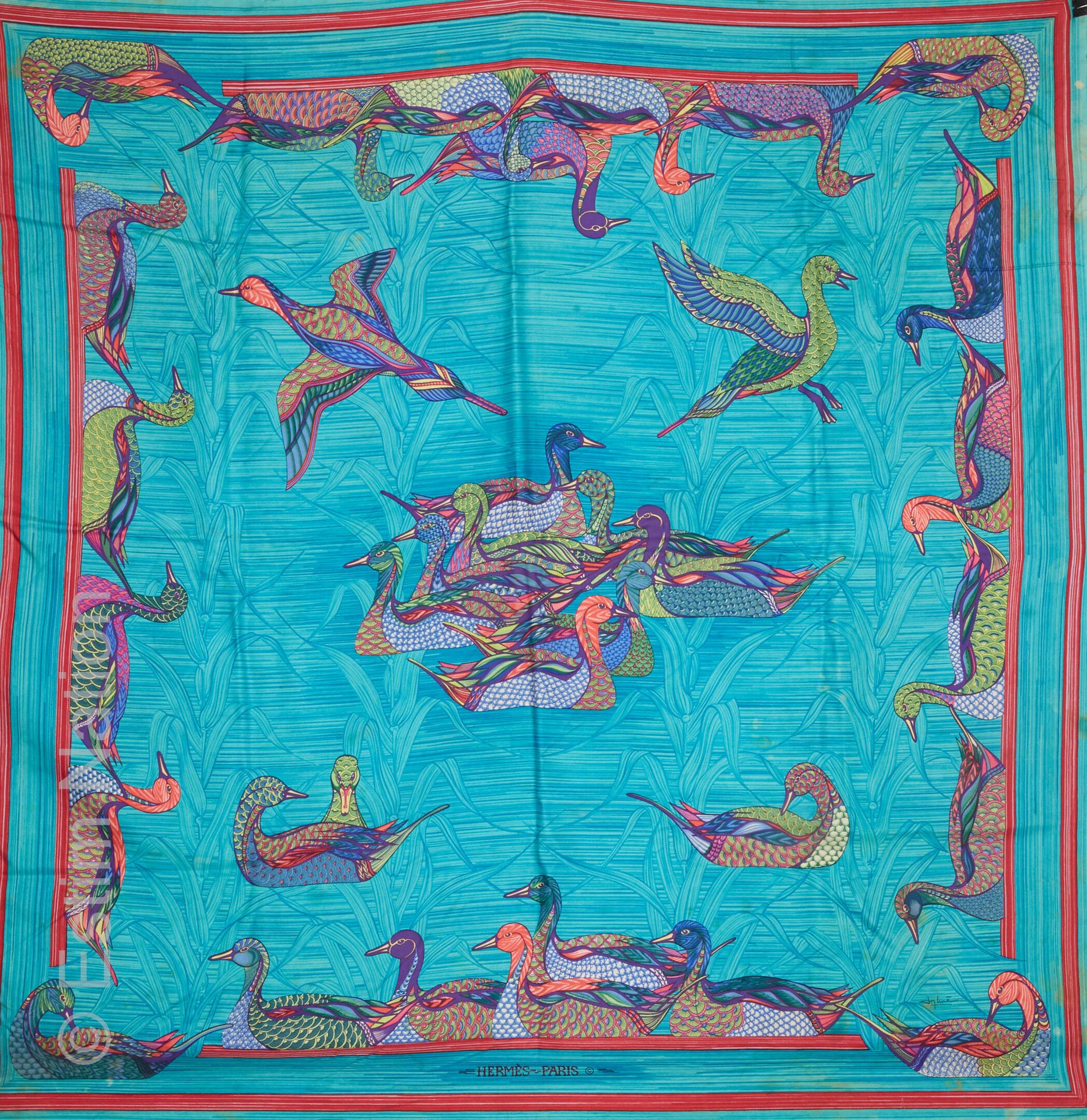 HERMES Silk twill square printed with multicolored ducks (important discoloratio&hellip;