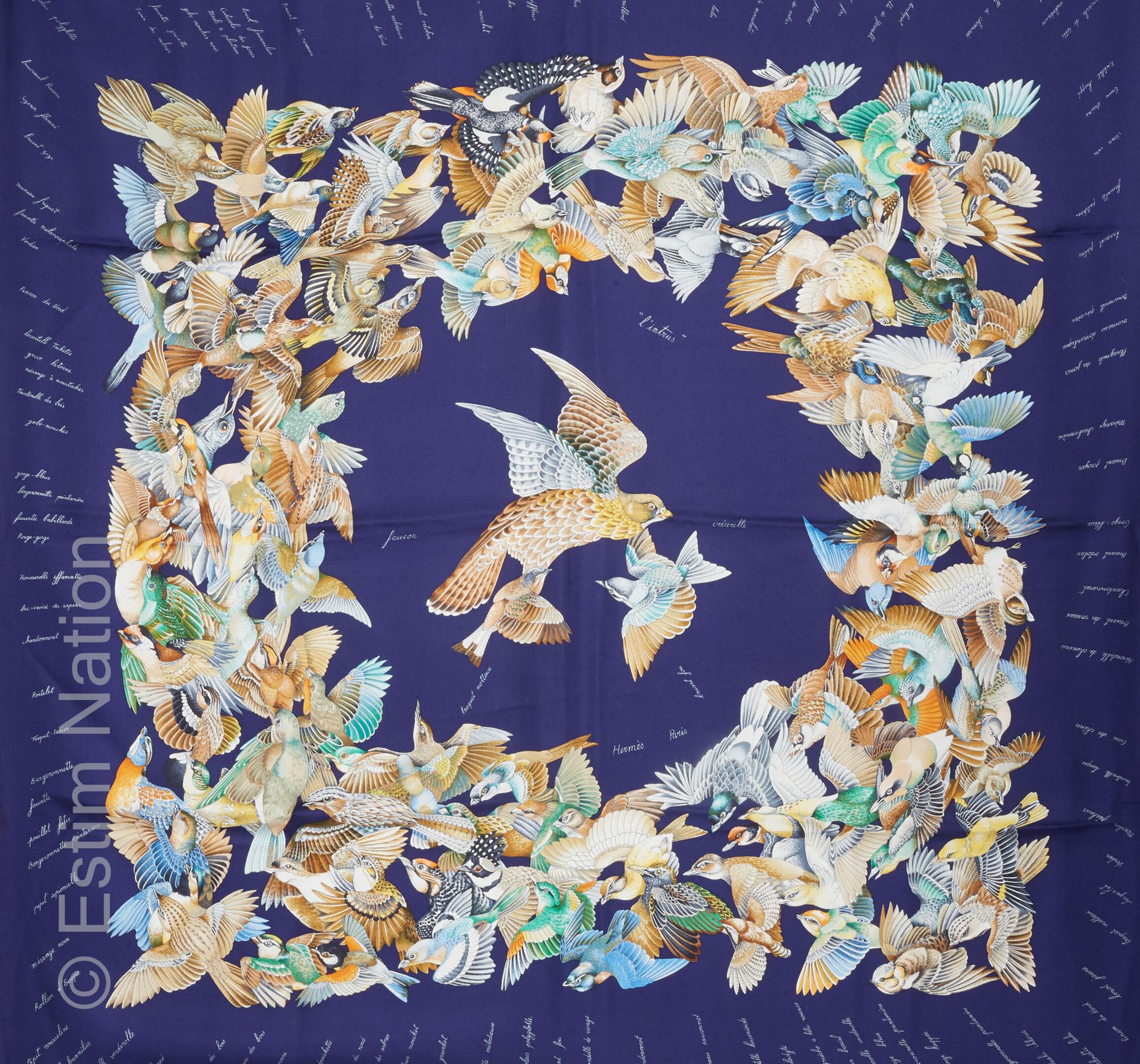 HERMES Paris SQUARE in printed silk twill titled "The intruder" with birds (in i&hellip;