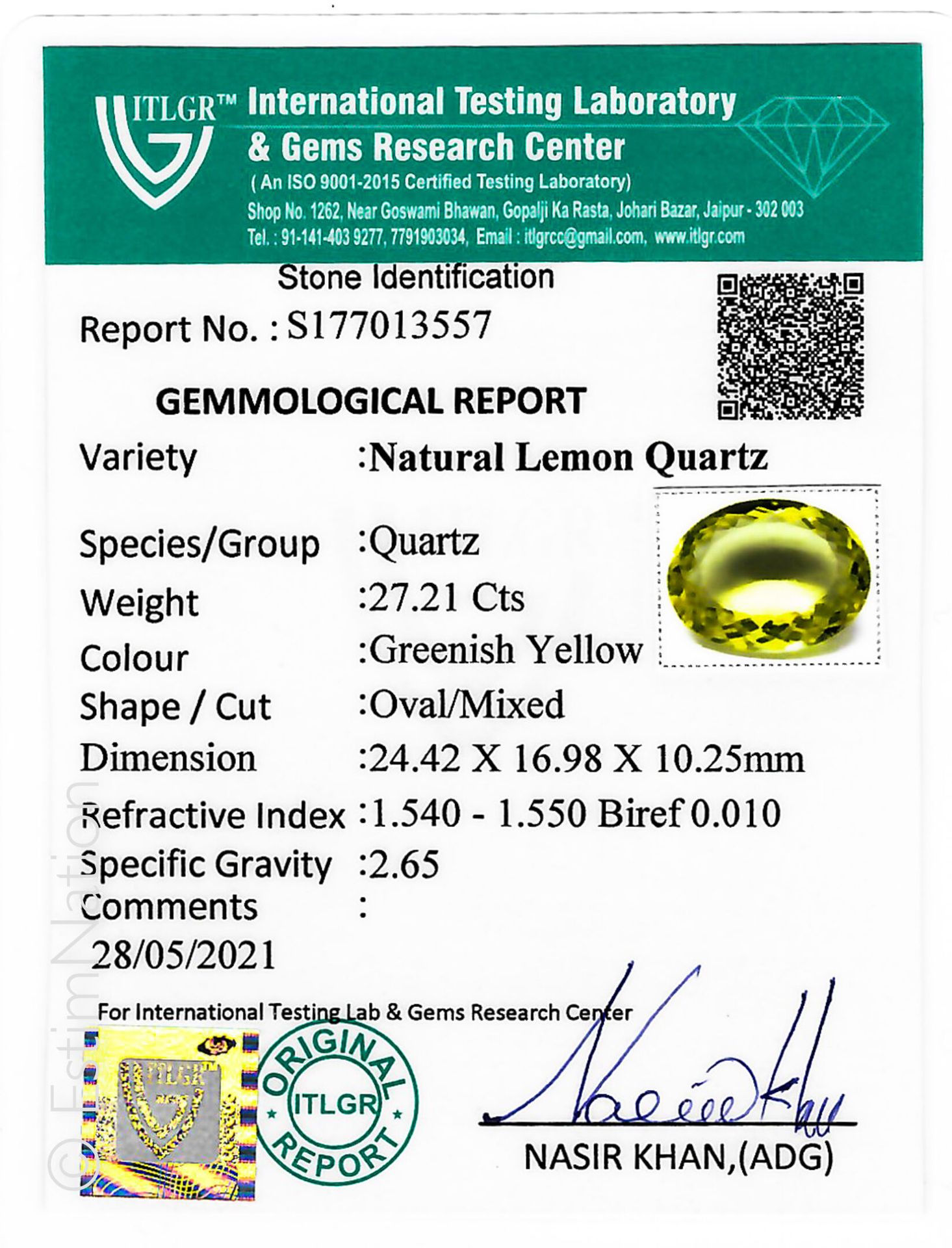 QUARTZ LEMON SUR PAPIER ET EXAMEN 纸上的 "柠檬石英"，椭圆形，有切面。尺寸：24.42 x 16.98 x 10.25 mm&hellip;