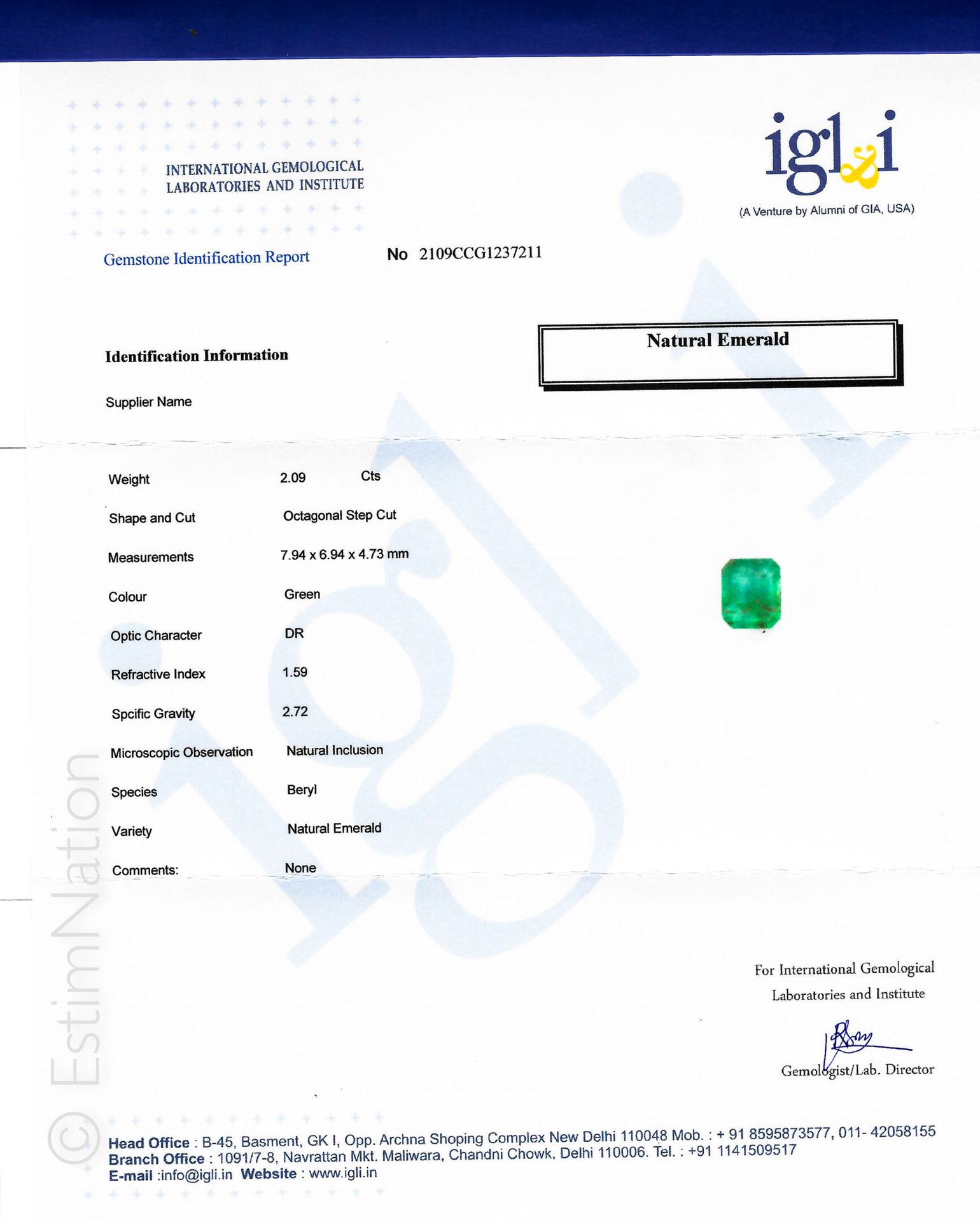 EMERAUDE SUR PAPIER ET CERTIFICAT Ein Smaragd auf Papier in achteckiger Form mit&hellip;