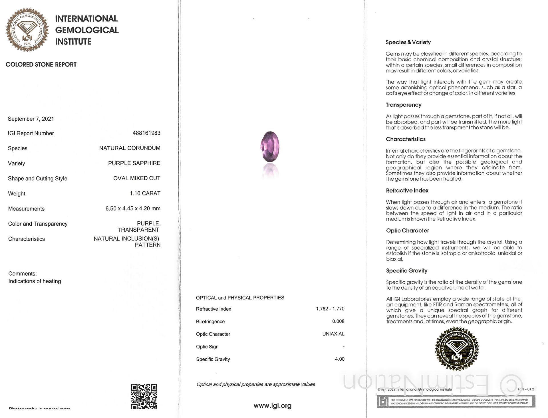 SAPHIR SUR PAPIER ET CERTIFICAT 一颗刻面的椭圆形紫罗兰蓝宝石在纸上。尺寸：6.50 x 4.45 x 4.20毫米左右。重量：约&hellip;