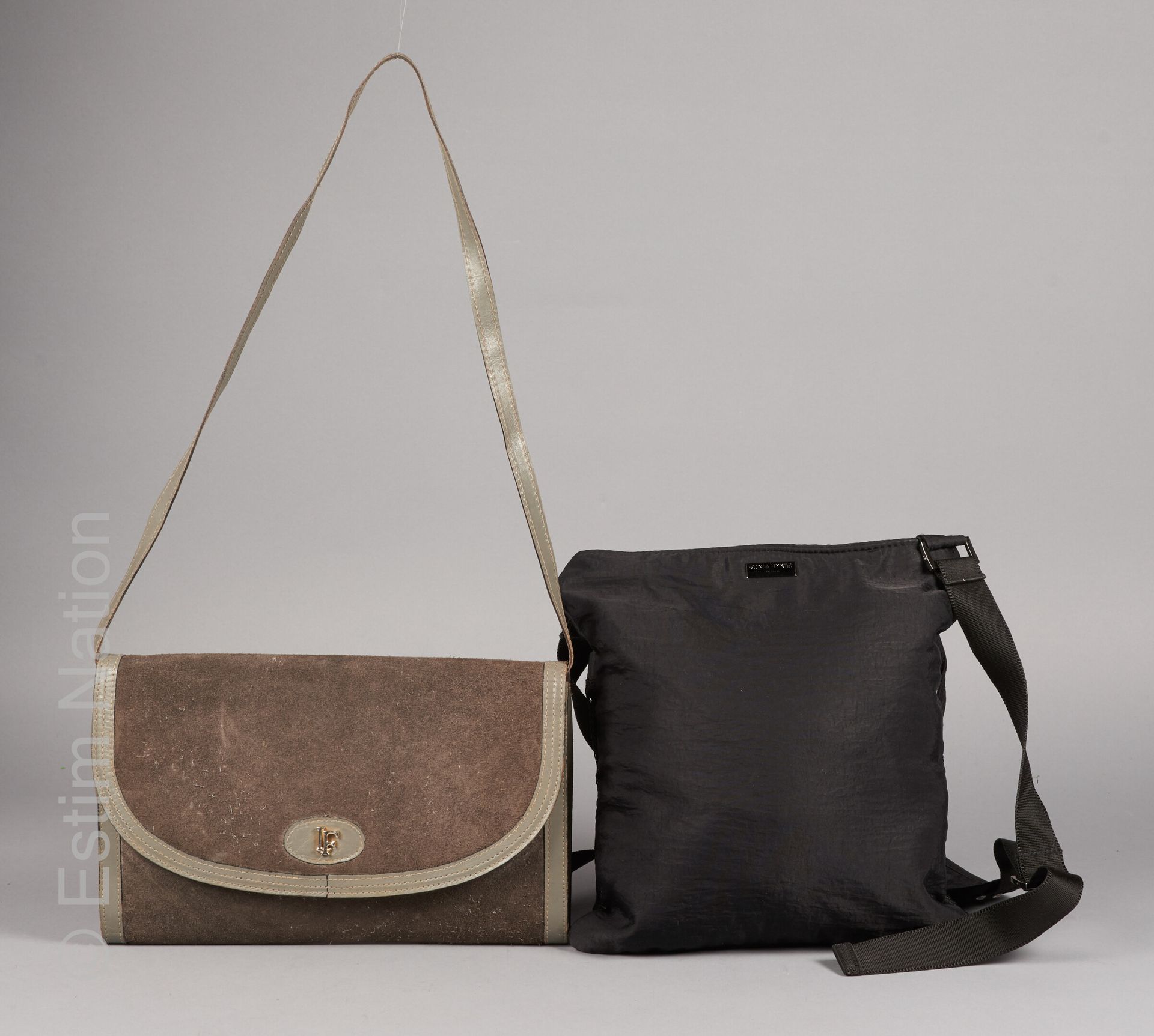 BAG with flap in leather and grey suede (20 x 30 cm) (le…