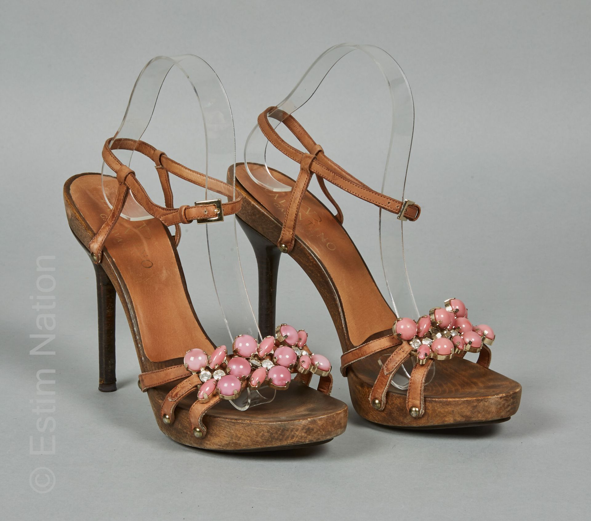 Valentino GARAVANI 
PAIR OF SANDALS in wood, natural leather and pink cabochons &hellip;