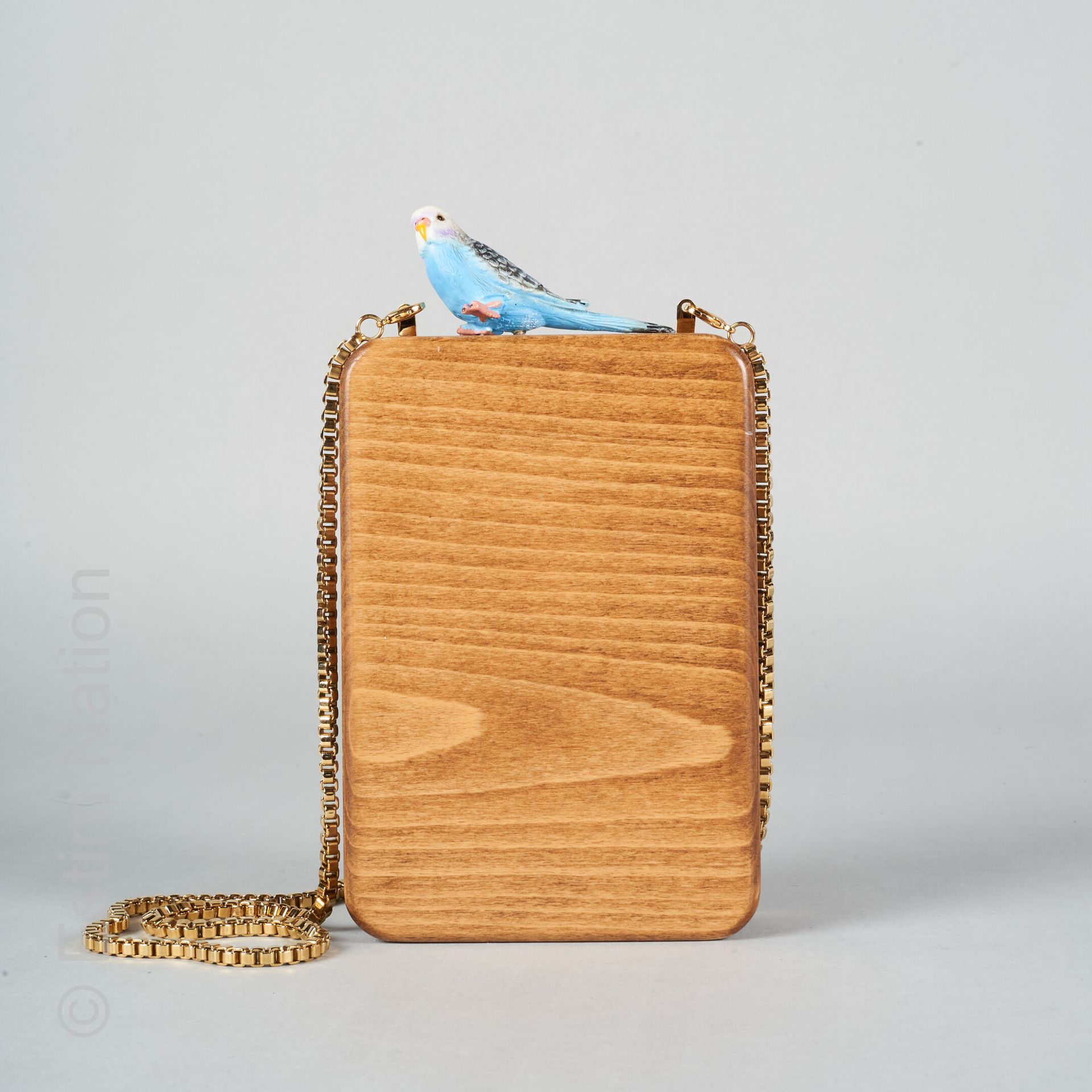 SARAH'S BAG TRAVAIL LIBANAIS 木制MINUDIERE，带鹦鹉的皮革风箱，链条（16 x 11 x 4厘米）
