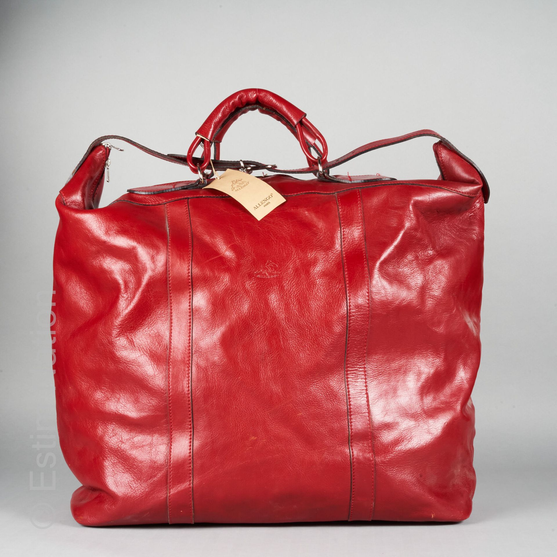 ALLENGO 红色光面牛皮手提包，格子呢衬里（50X50X22厘米）（有划痕和一些痕迹）。