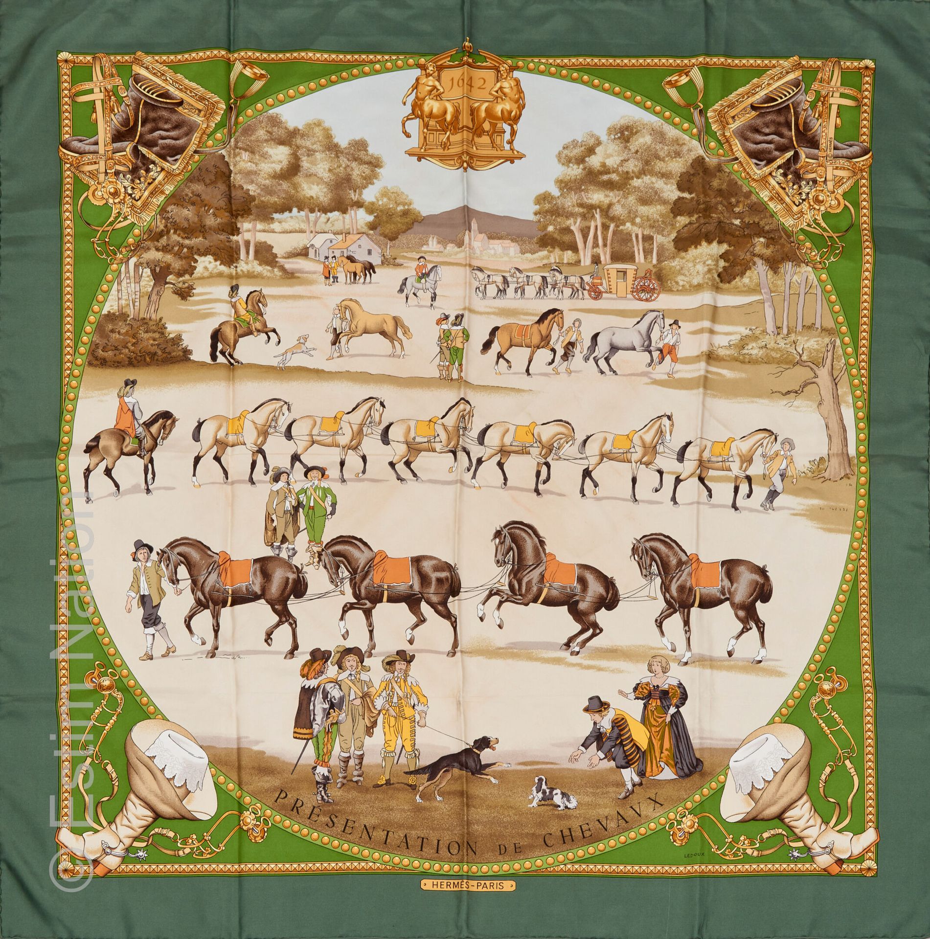 HERMES 题为 "马的呈现 "的方形丝质斜纹布（脏污，污点）。