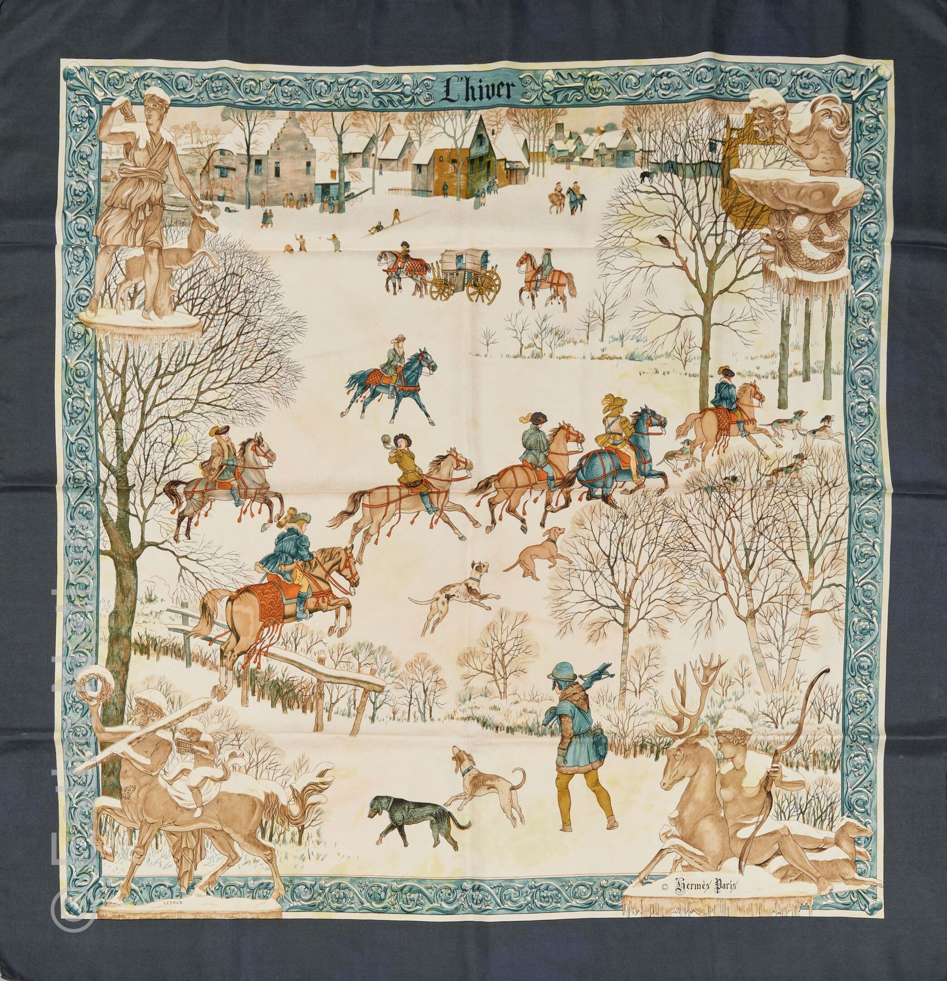 HERMES 题为 "冬季 "的丝质斜纹布印刷品（明显发黄和变色）。