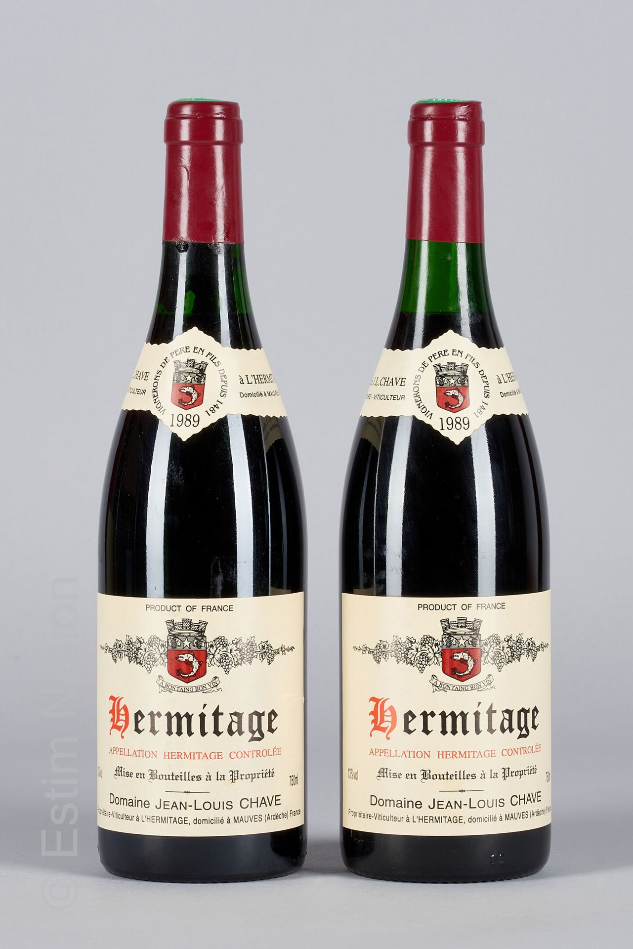 HERMITAGE ROUGE 2瓶HERMITAGE 1989 Jean-Louis Chave

(N. 在2.5和3厘米之间，C. 1有轻微的径流痕迹)