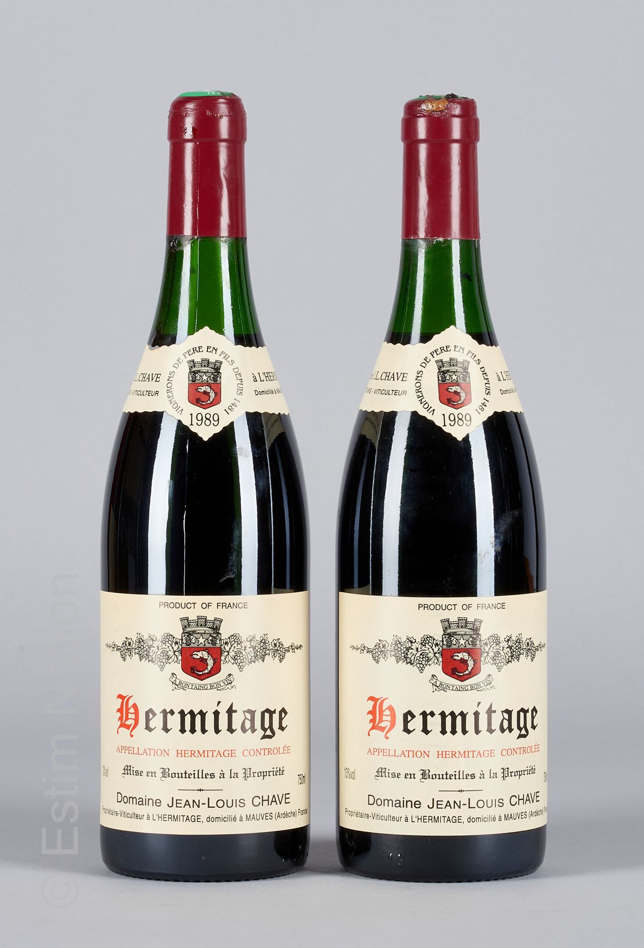 HERMITAGE ROUGE 2瓶HERMITAGE 1989 Jean-Louis Chave

(N. 在3.5和4厘米之间，C. 有1处漏水的痕迹)