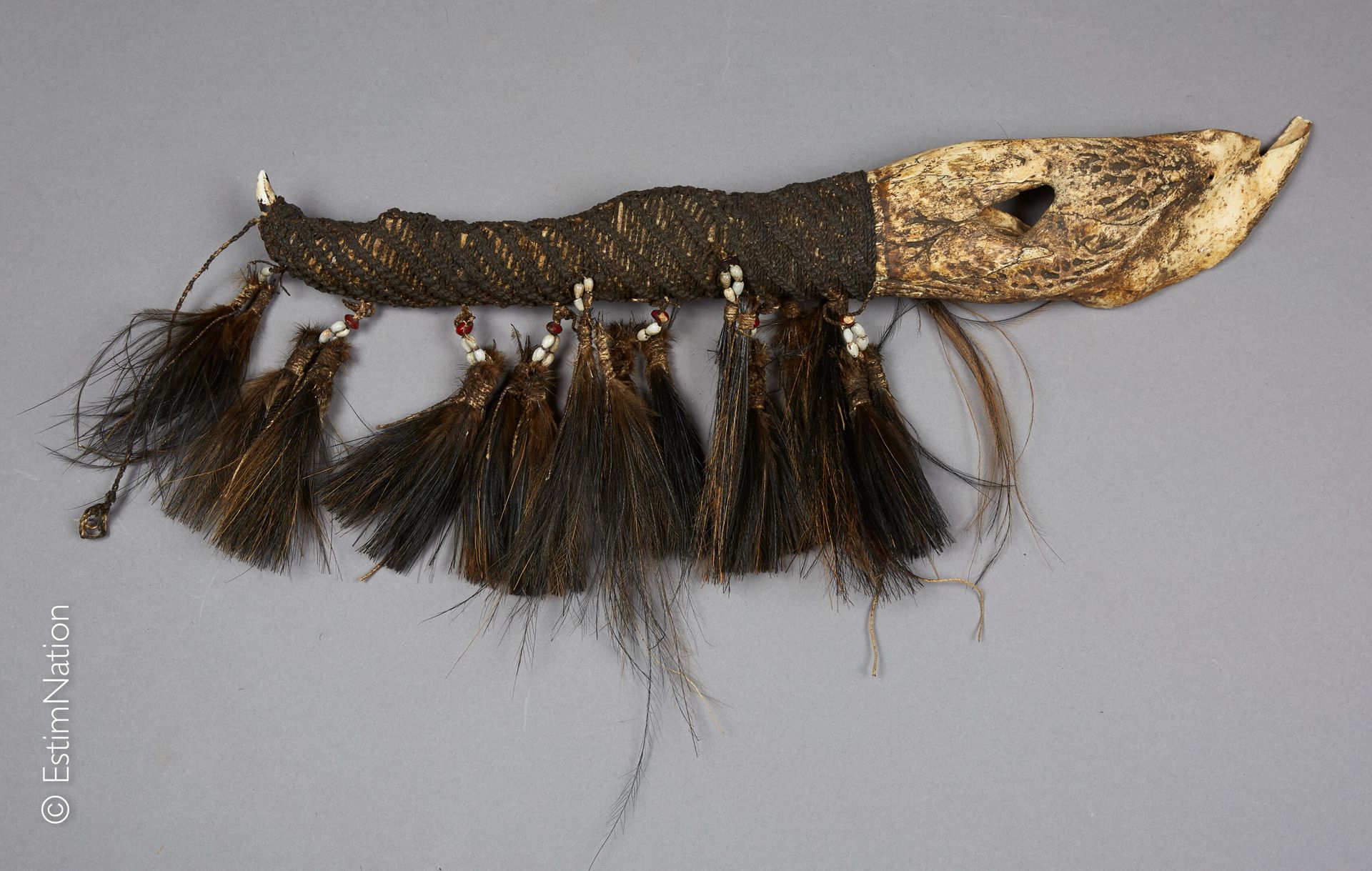 IRIAN JAYA - ASMAT 伊里安-贾亚-阿斯马特



鳄鱼颌骨匕首，装饰有编织绳、沙袋鼠羽毛和种子



长度：55厘米 - 宽度：9厘米

(小&hellip;
