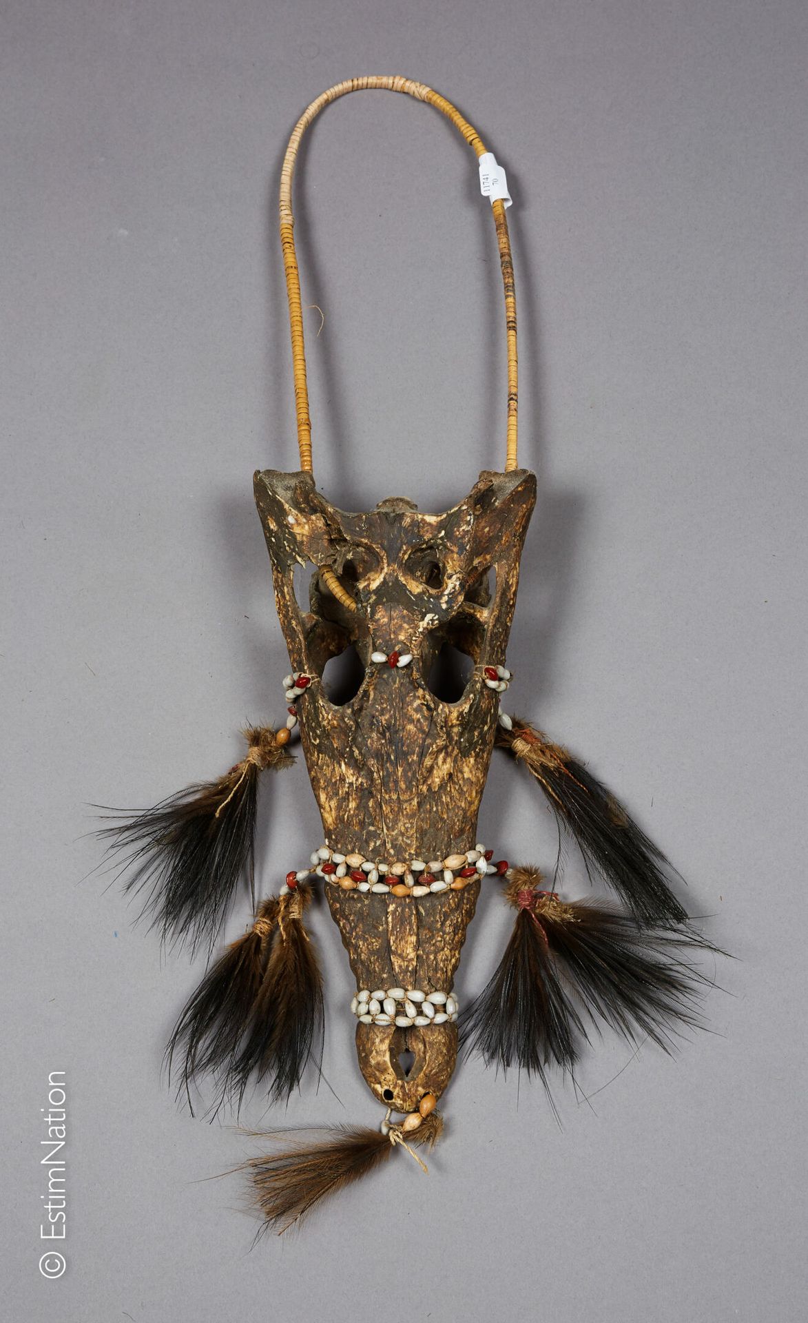 IRIAN JAYA - ASMAT 
伊里安-贾亚-阿斯马特









鳄鱼头骨上的种子装饰，鹦鹉的羽毛安装在篮子里的项链上









总高度&hellip;