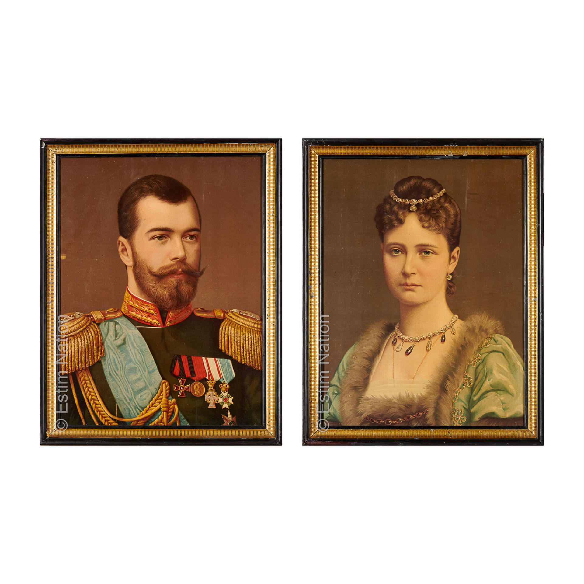 SOUVENIRS HISTORIQUES - RUSSIE Portraits du Tsar Nicolas II et de la Tsarine Ale&hellip;