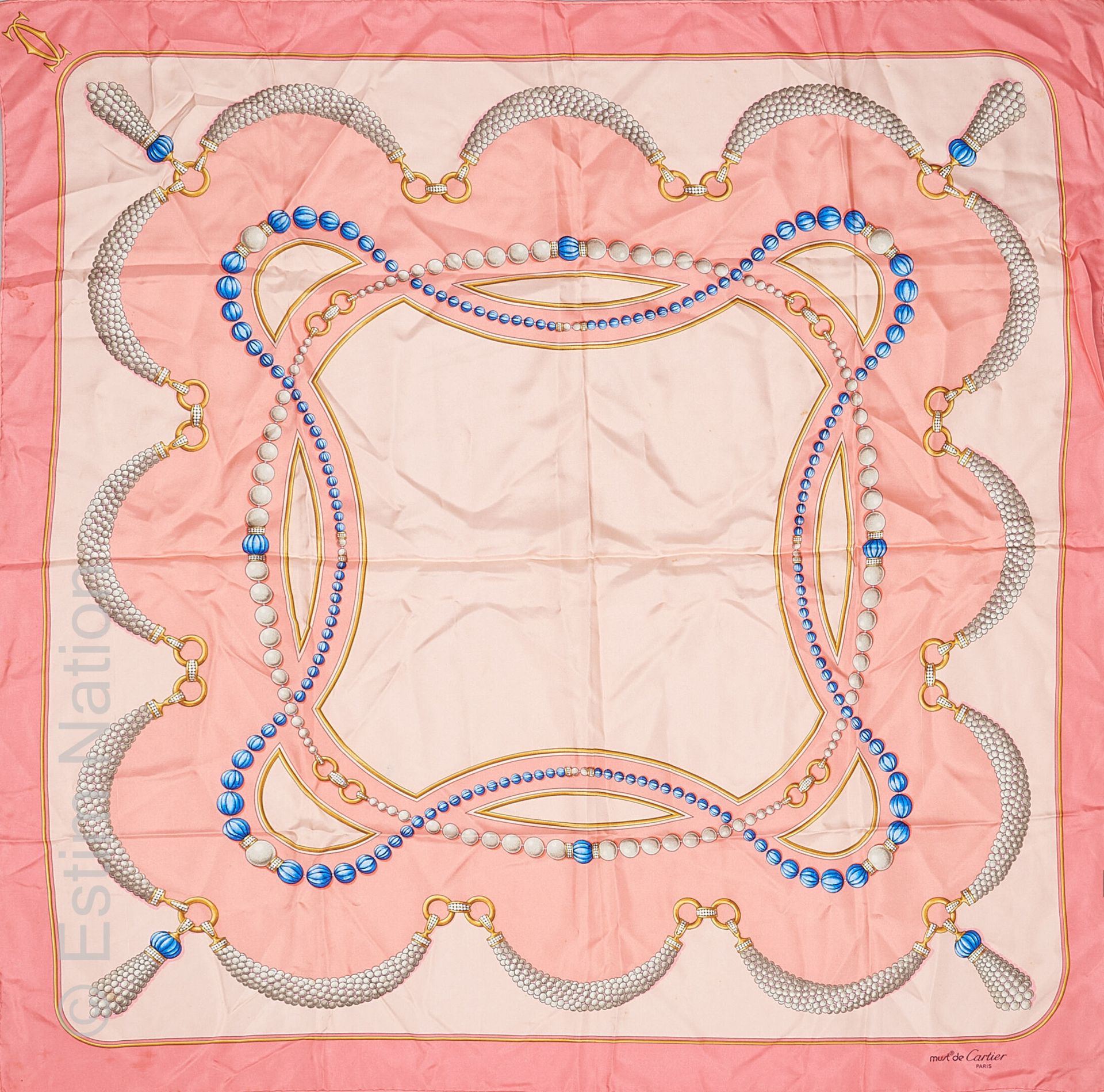 MUST DE CARTIER 粉红色背景上有珠宝图案的丝绸斜纹方格（有些污渍）。