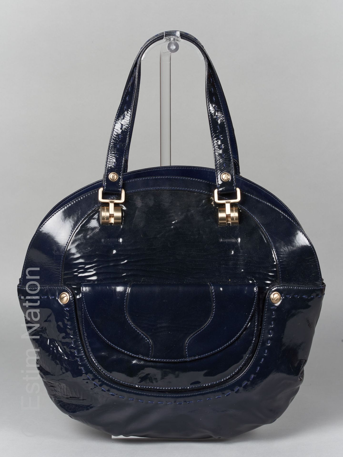 VERSACE BAG circular shape in blue patent leather, front pocket, leather and bei&hellip;