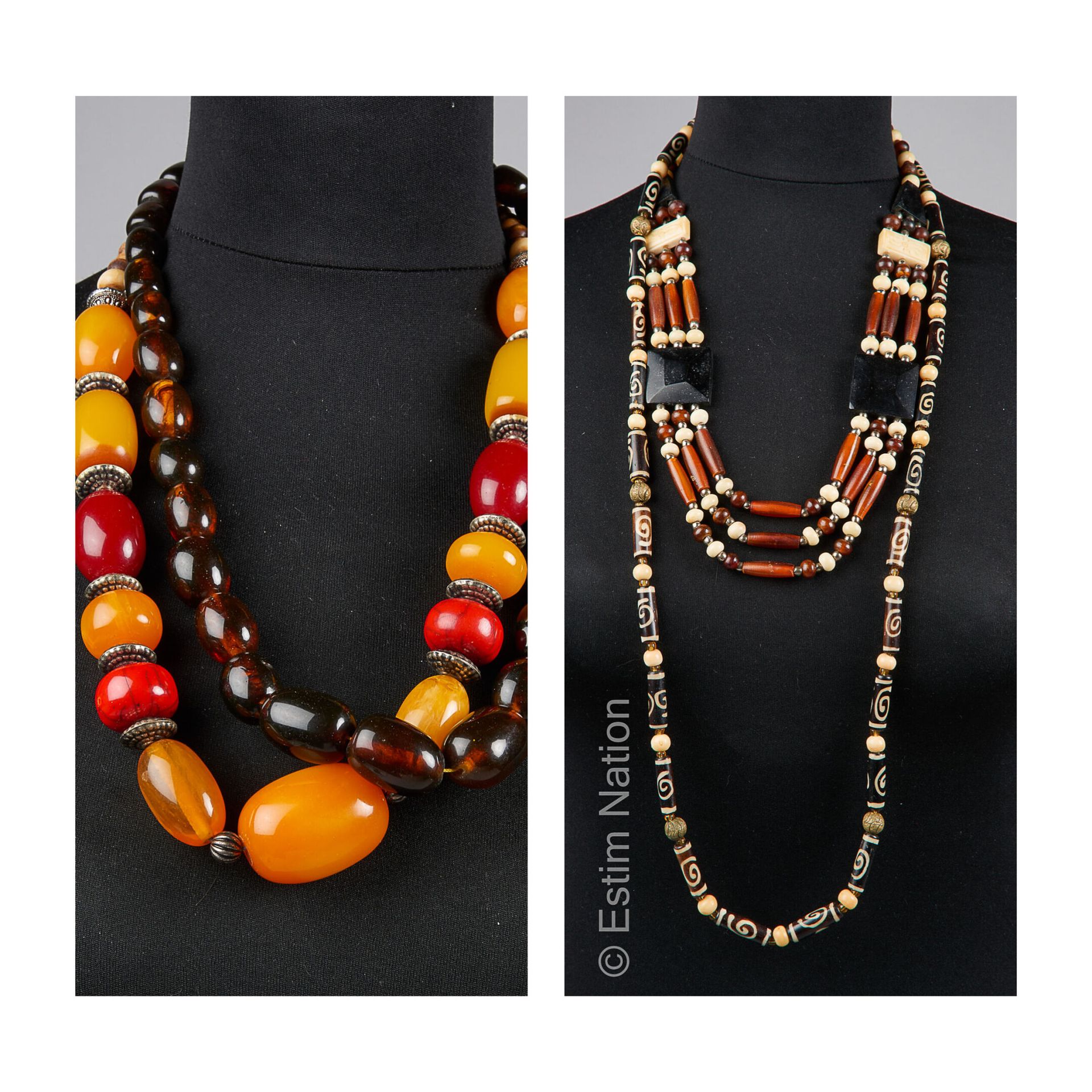 ANONYME 四条非洲风格的项链，由珍珠和各种电木制成（不保证状态）。