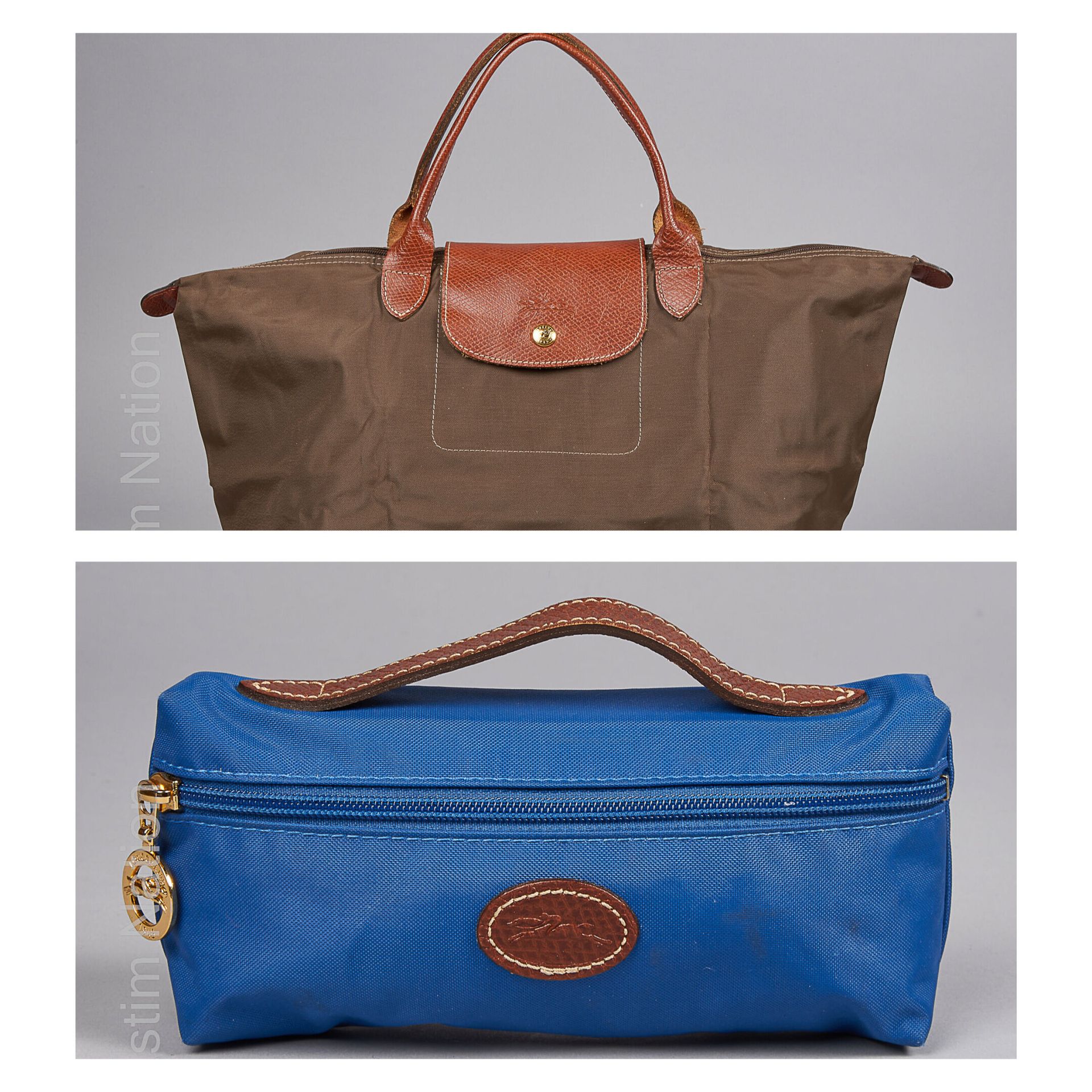 LONGCHAMP COLLECTION PLIAGE BAG and KIT in khaki and blue nylon with cognac leat&hellip;