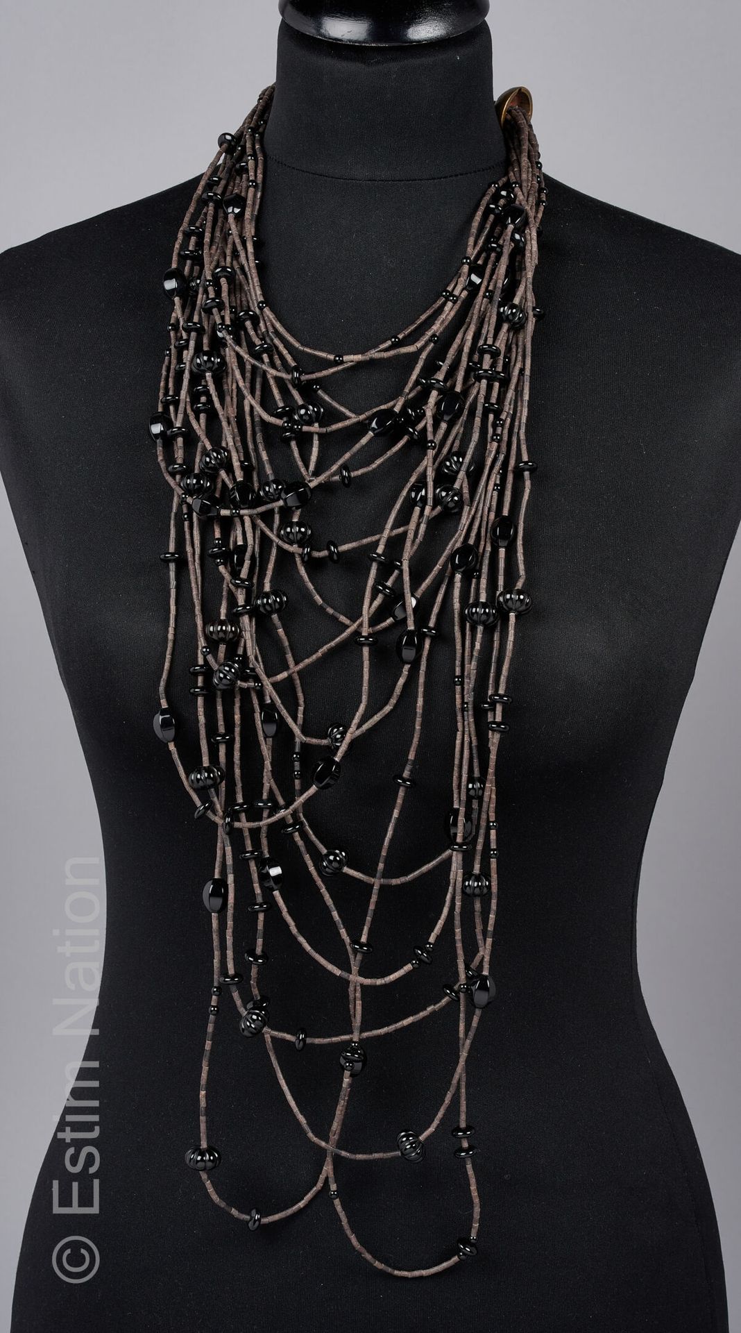 CESAREE Multi-row necklace made of wood and black glass beads (signed)