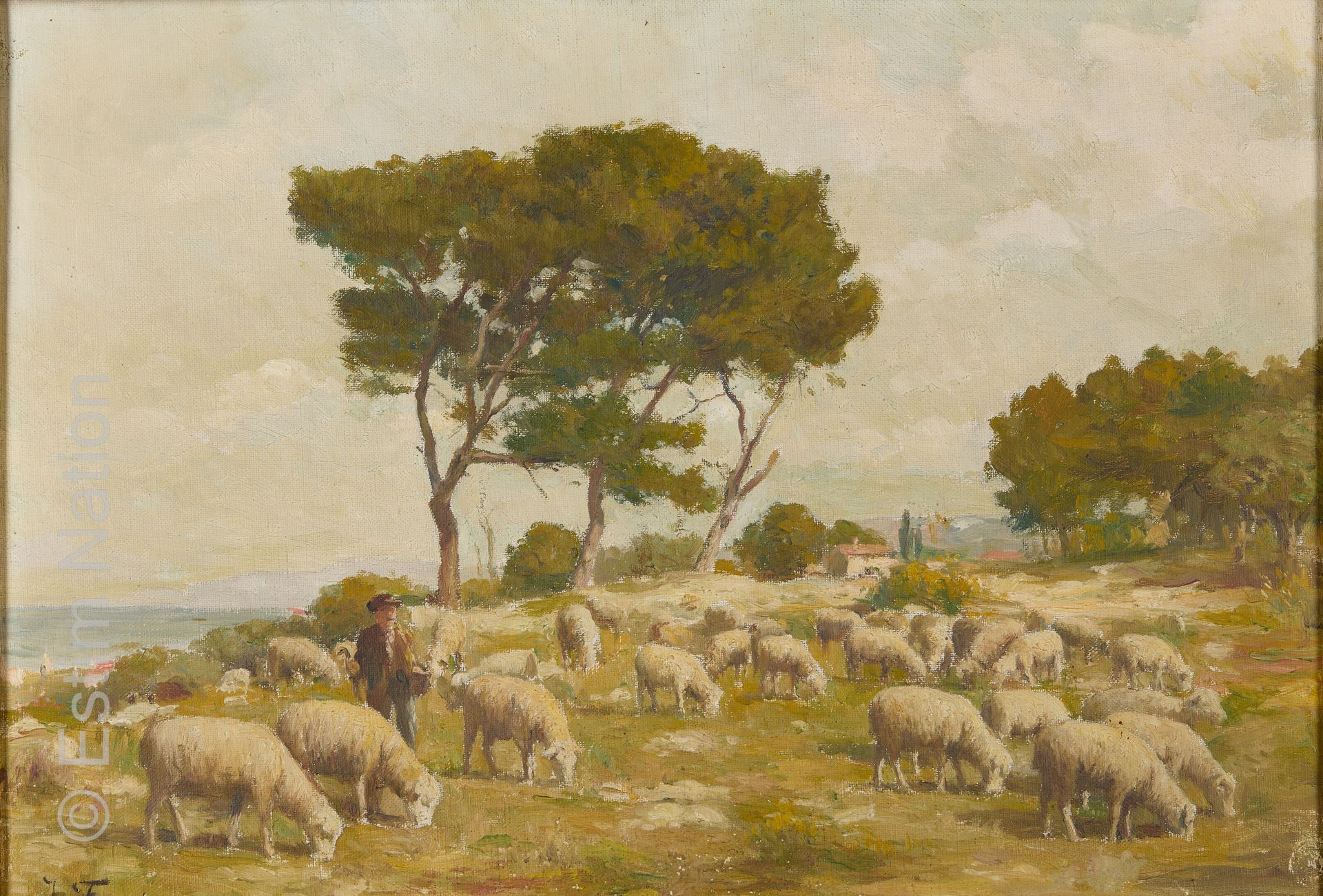 TABLEAU XIXème siècle FAUST Joseph (1868 - 1934) 
"Berger et son troupeau de mou&hellip;