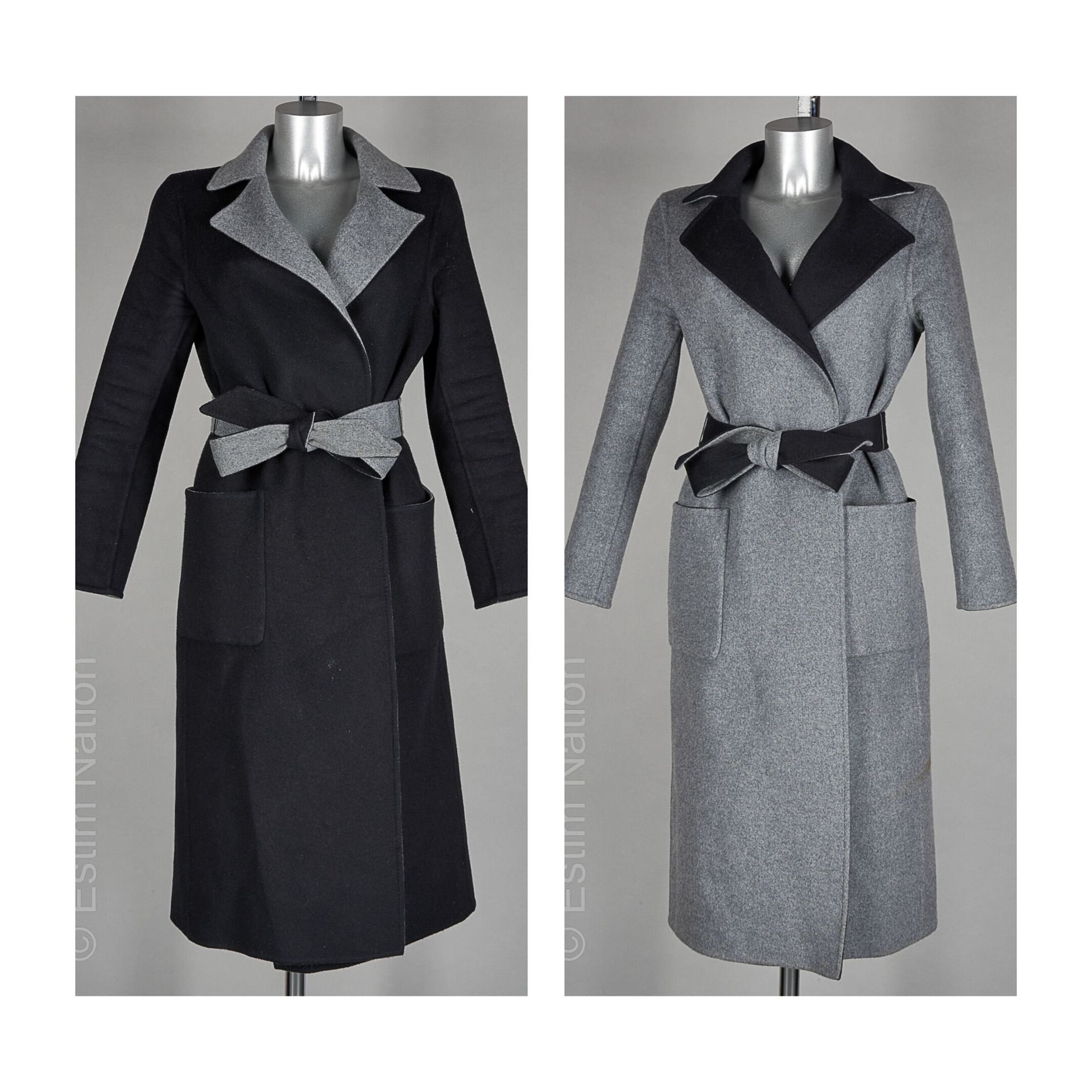 KUJTEN 黑色和灰色羊绒大衣，缺口领，腰带，两个口袋（T 2）（灰色一侧有污渍）。