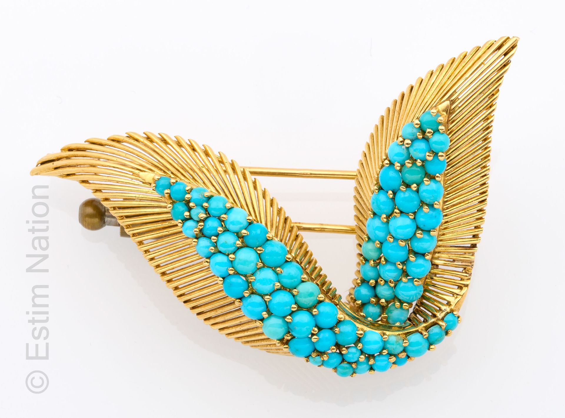 BROCHE OR ET TURQUOISE Brooch "Gerbe" in yellow gold wire 18K (750 thousandths) &hellip;