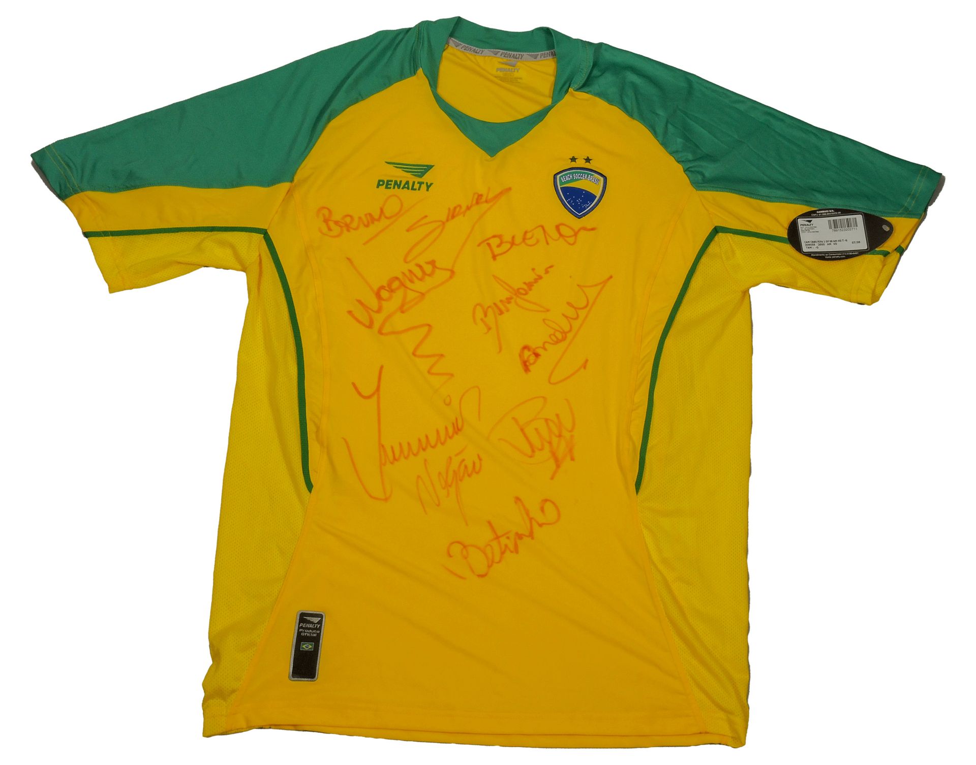 EQUIPE DU BRESIL - BEACH SOCCER 官方沙滩足球衫，2008年世界冠军，品牌Penalty，球队签名（T L）（全新状态，有标签）。
