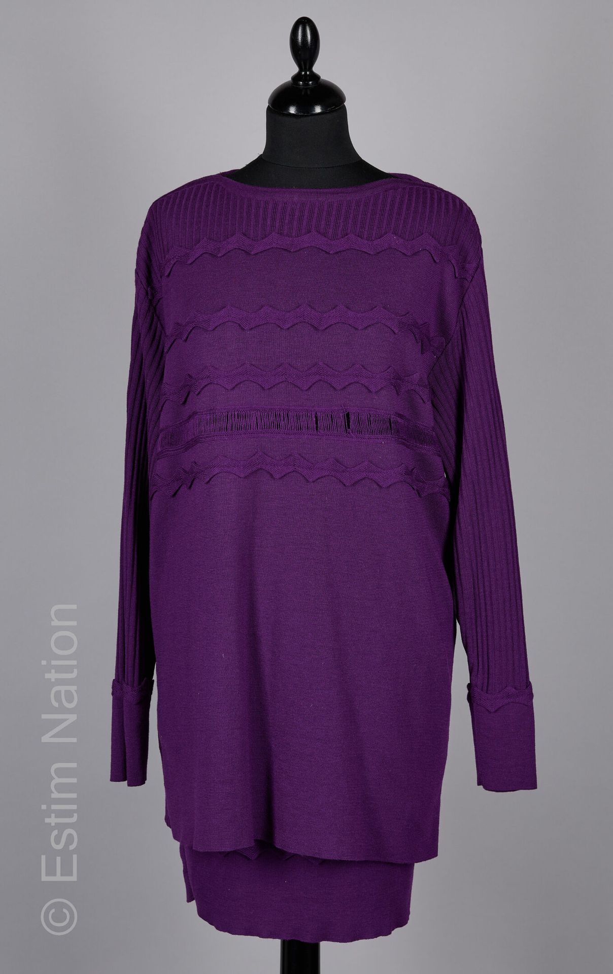 CHRISTIAN LACROIX (1994) Purple stretch woolen set: tunic decorated with friezes&hellip;