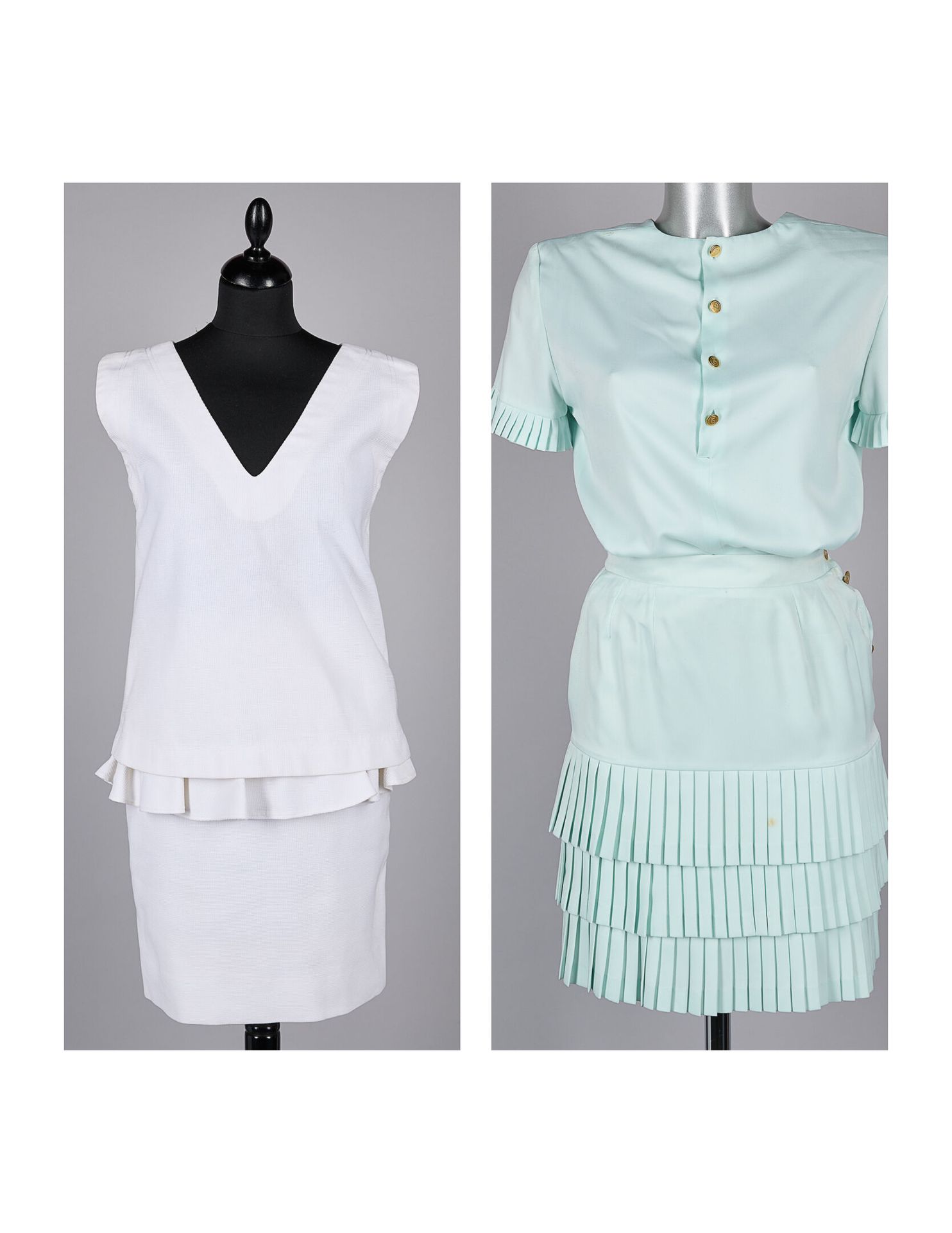MAUD DEFOSSEZ, ANONYME Pale blue polyester outfit with golden buttons: bodice an&hellip;