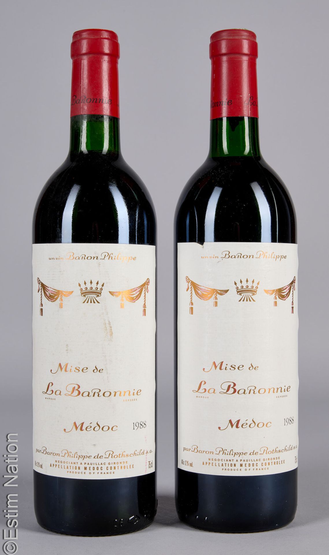 BORDEAUX 2 bottiglie MISE DE LA BARONNIE 1988 Médoc
(N. Tlb, E. M)