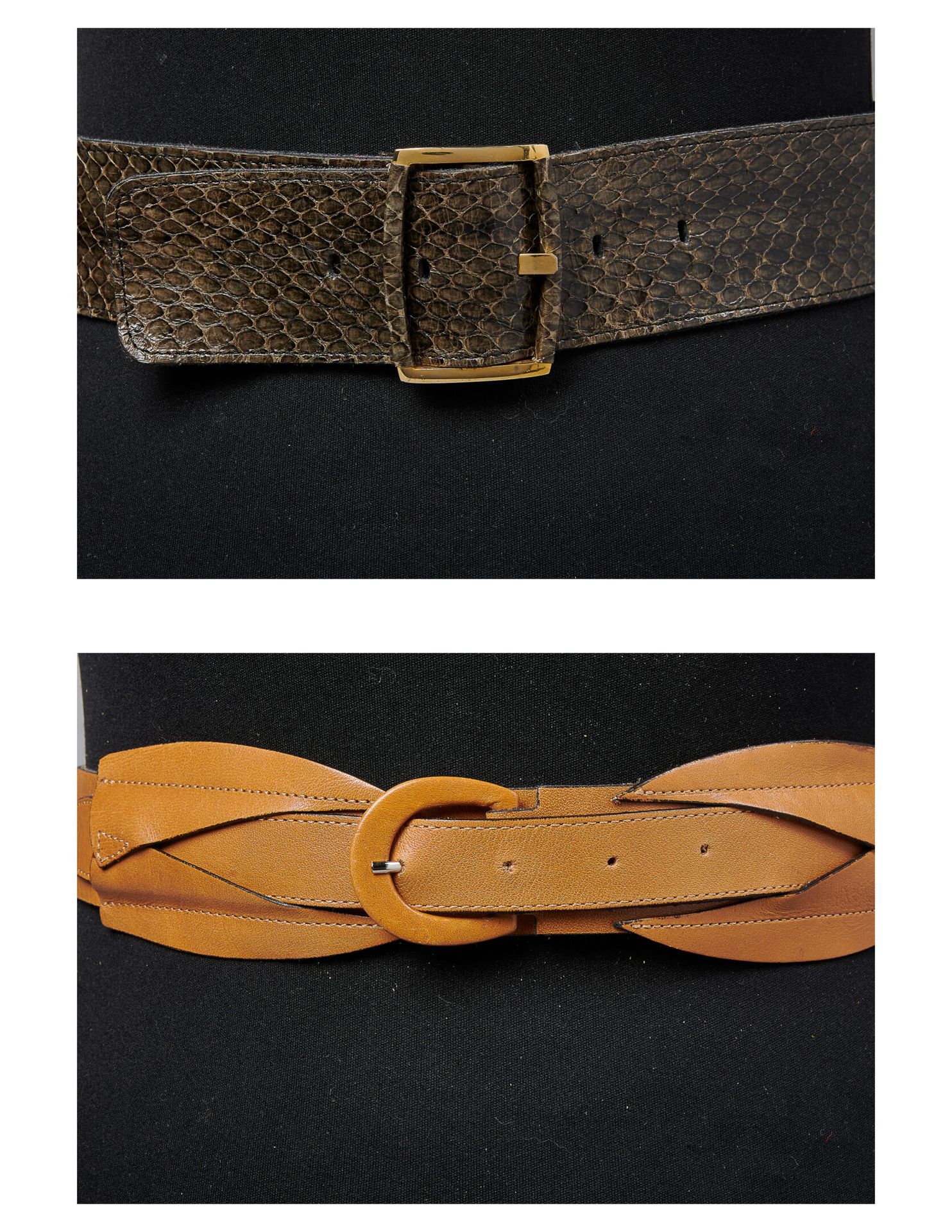 ANONYME, EMMANUELLE KHANH Khaki lustrous python BELT (T 80), gold leather BELT (&hellip;