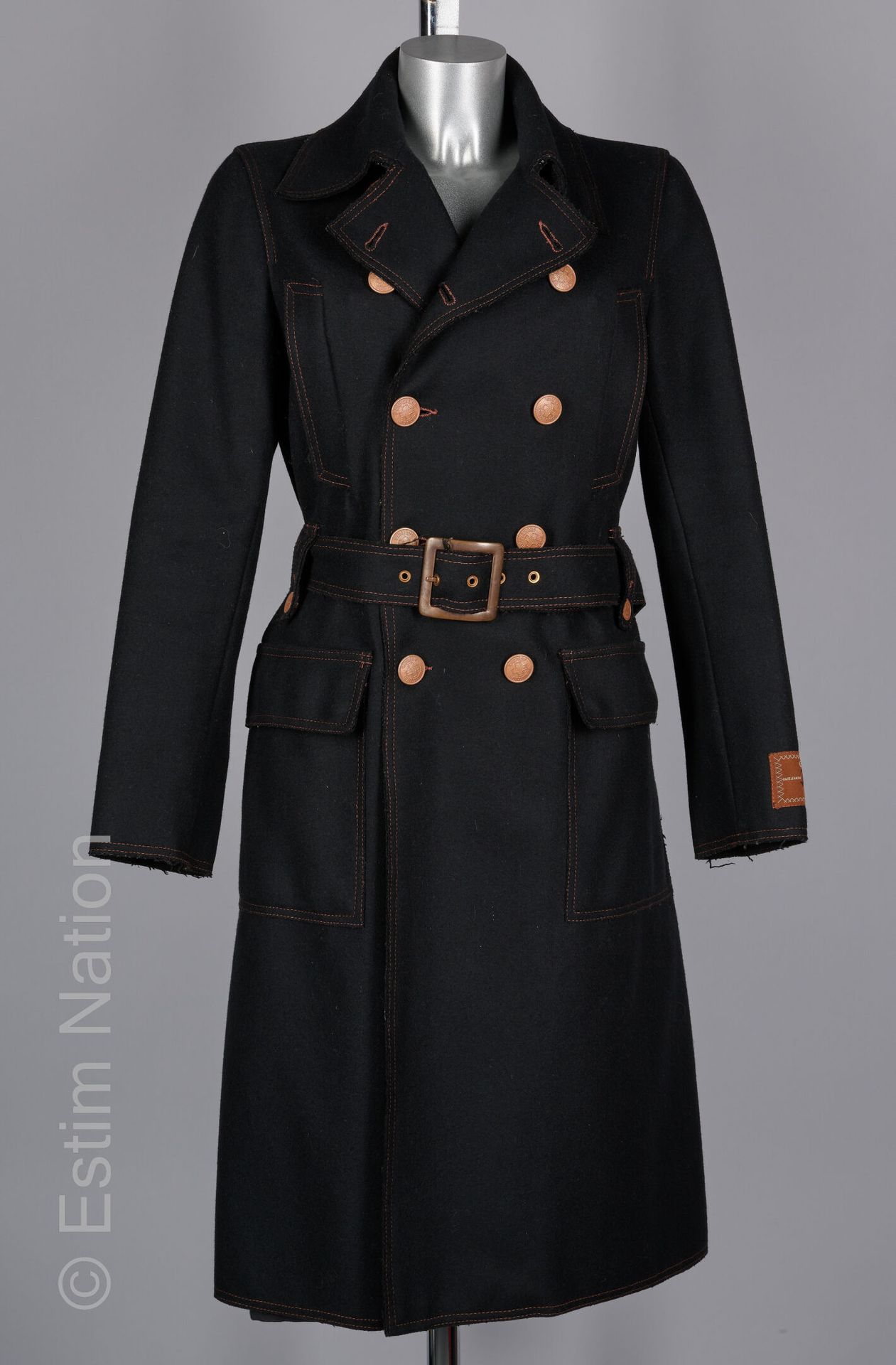 GAULTIER JEAN'S TRENCH aus schwarzem Wollfilz mit offenen Kanten und braunen Ste&hellip;