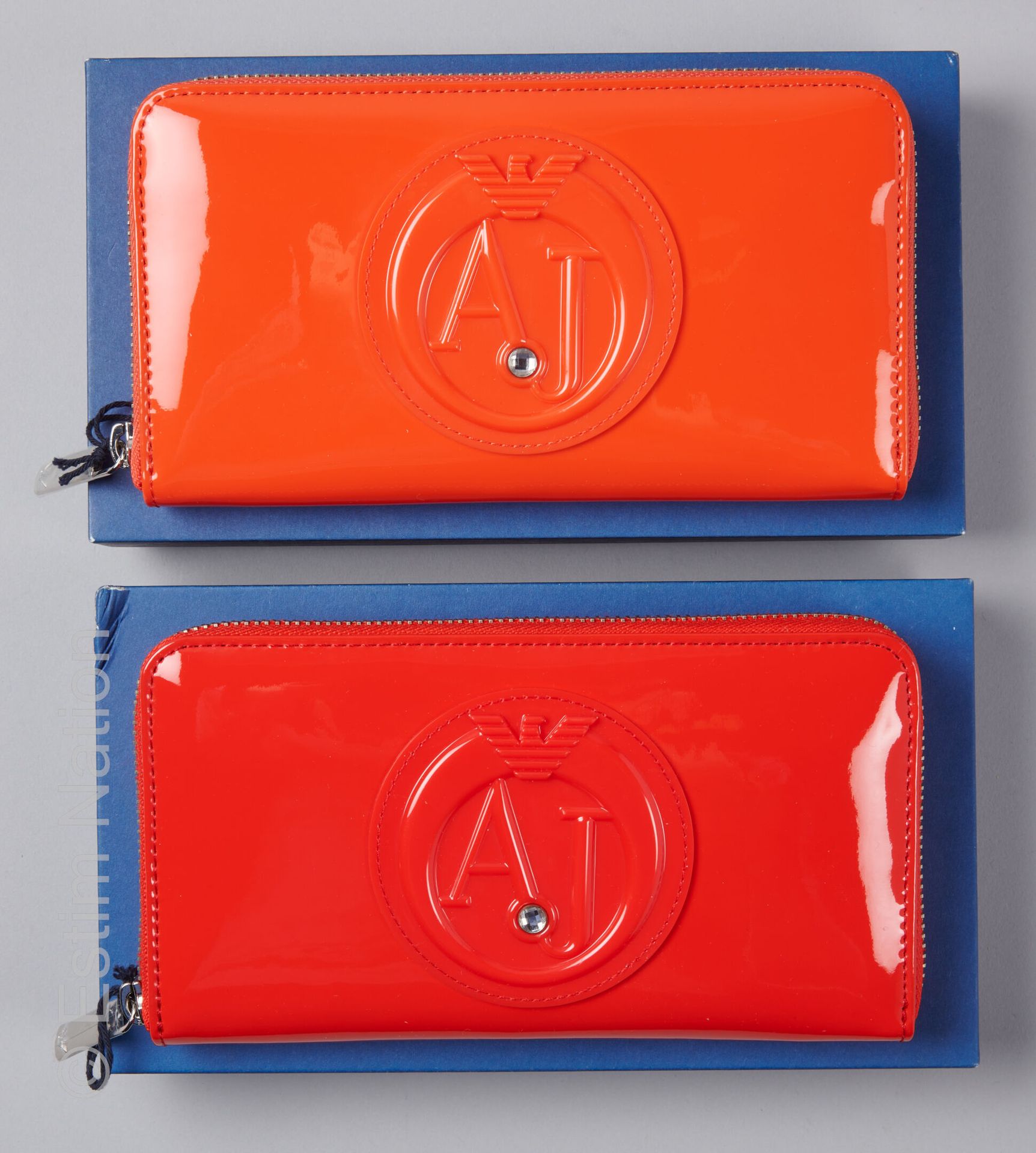 ARMANI JEANS TWO poppy and tangerine patent leatherette companion wallets (mint &hellip;