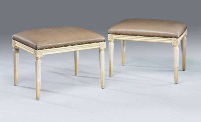 Null PAIR OF TABOURETS in moulded wood, carved and lacquered white and gold, con&hellip;